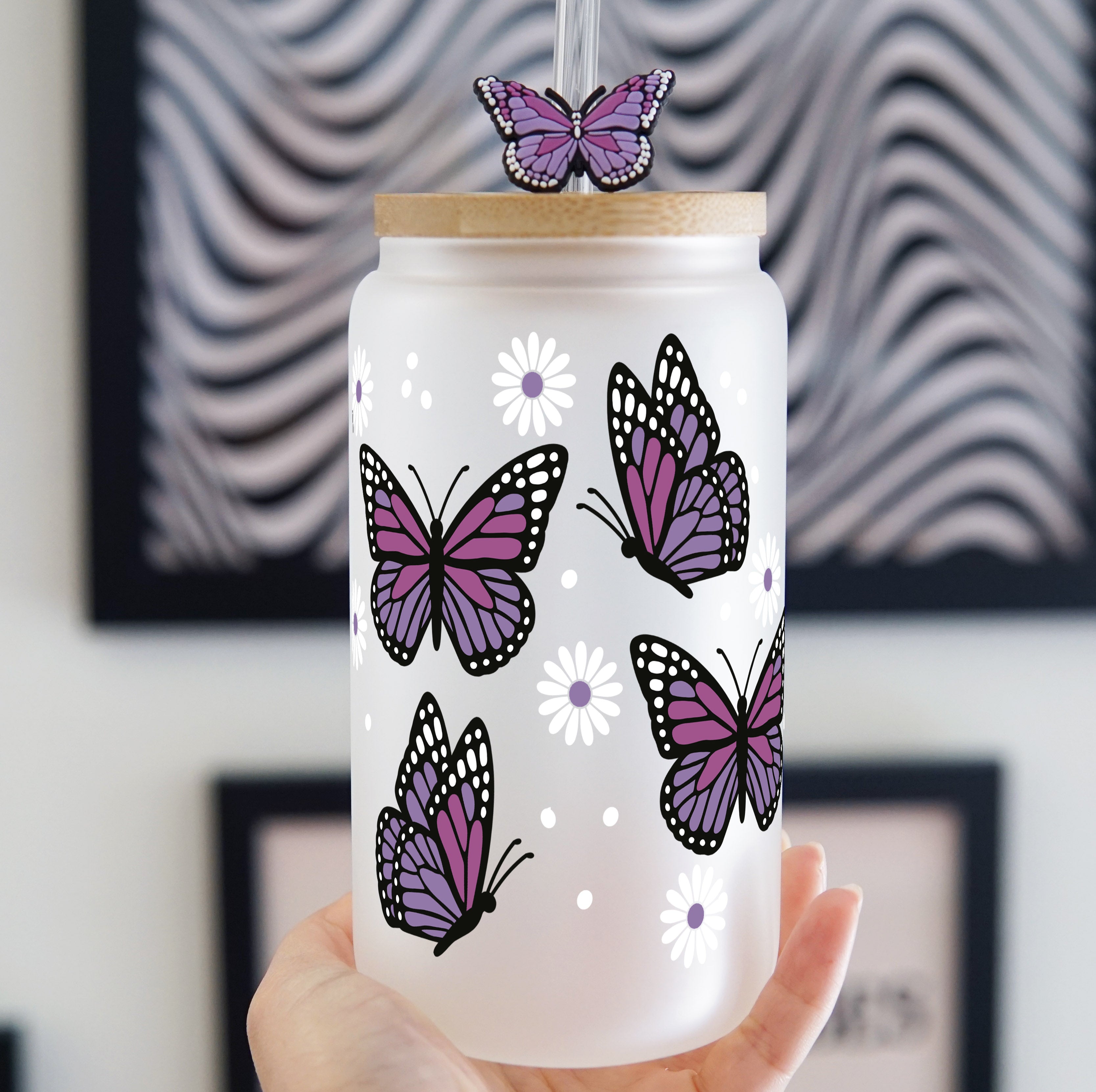 Purple Monarch Butterfly Glass Can Cup with Lid and Straw