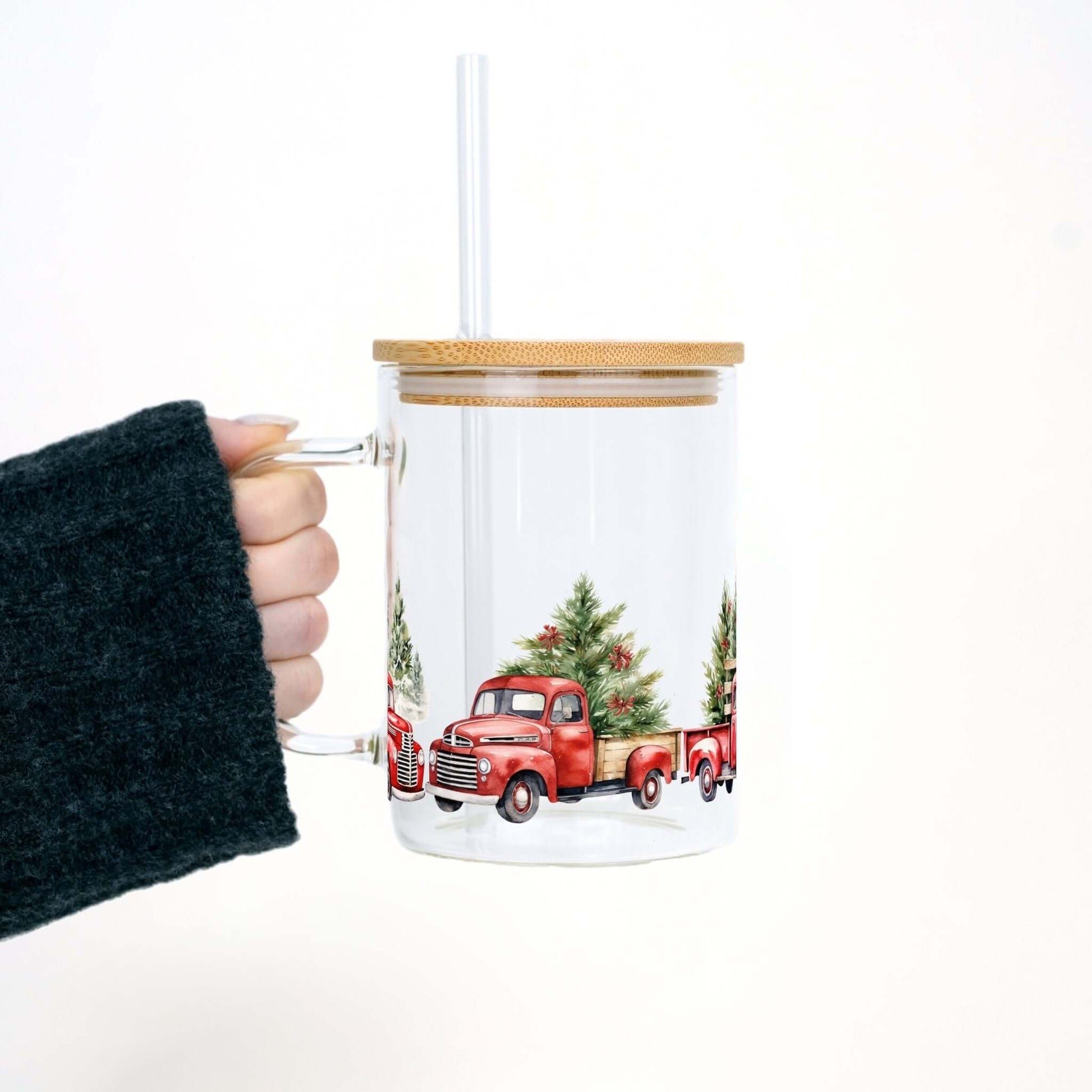 Red Christmas Truck 17oz Glass Mug With Lid and Straw from Sip Sip Hooray – Mugs