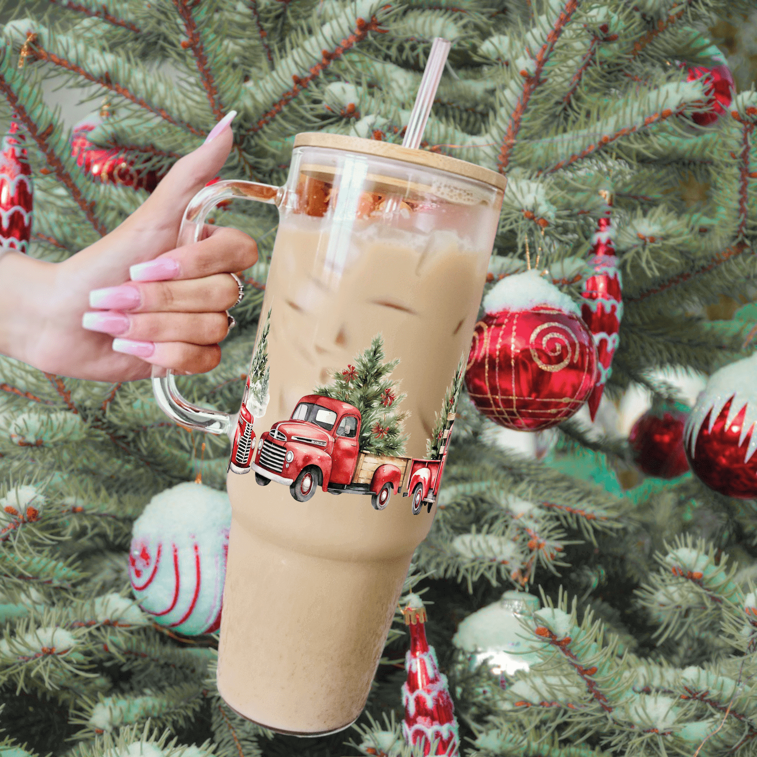 Red Christmas Truck Tumbler With Lid and Straw