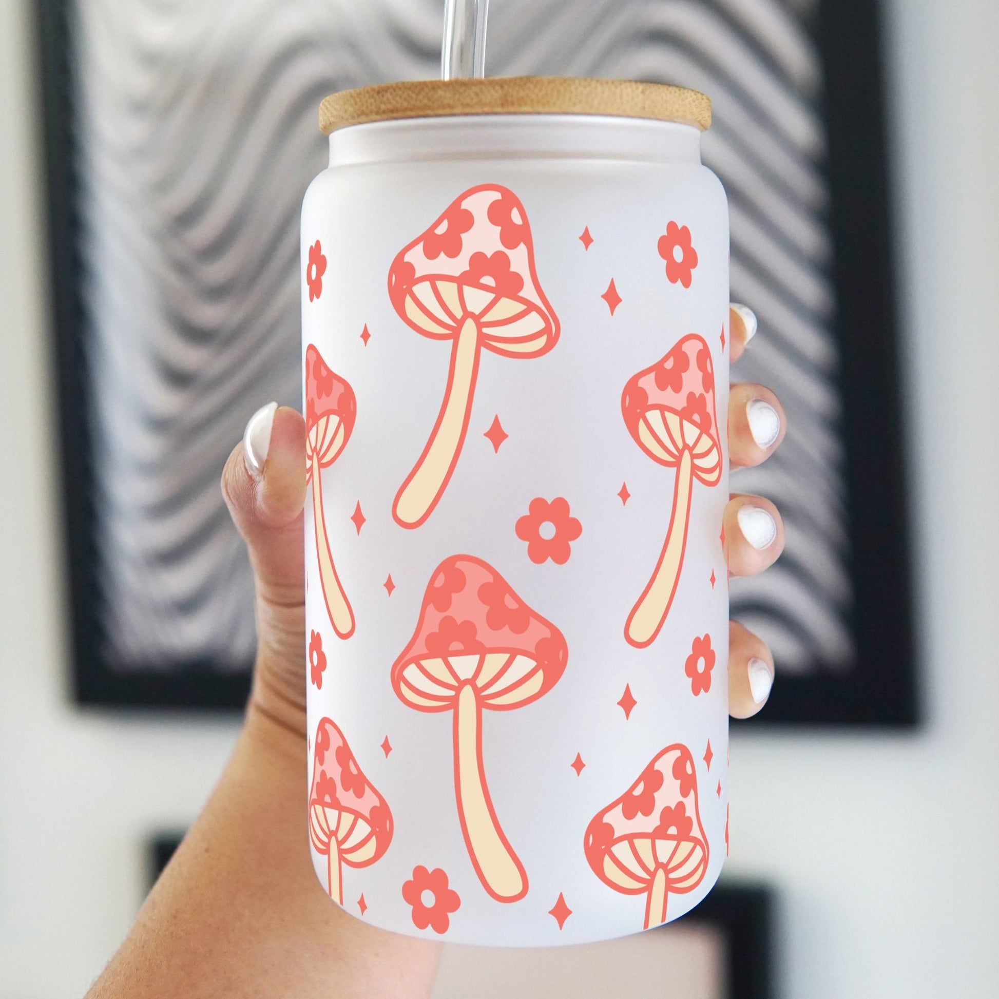 Retro Floral Boho Mushroom Cup with Lid and Straw - Sip Sip Hooray