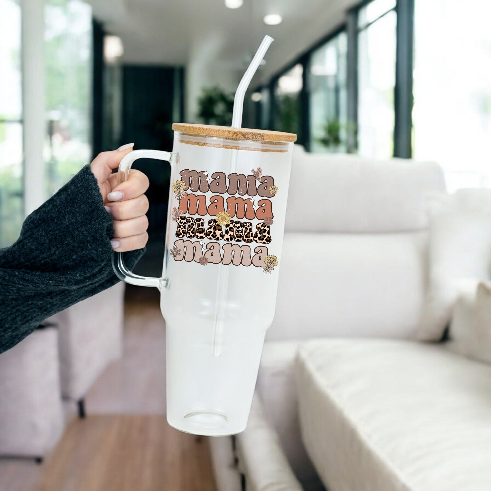 Retro Leopard Mama 40oz Glass or Plastic Tumbler With Lid and Straw - Sip Sip Hooray