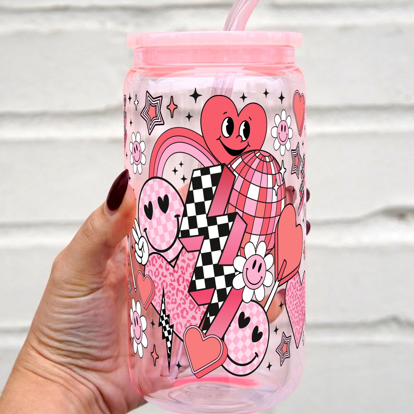 16oz Retro Groovy Valentine Glass Can Cup with Lid and Straw