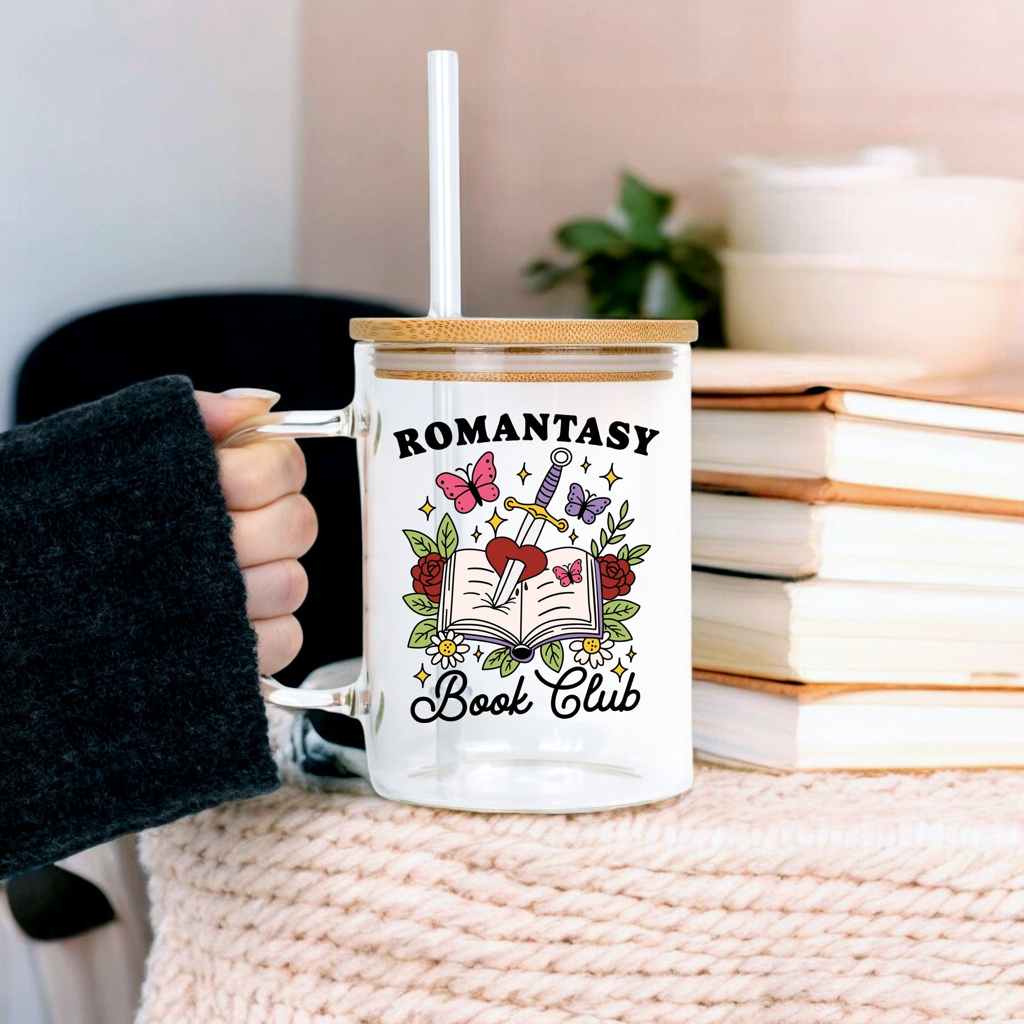 Romantasy Book Club 17oz Glass Mug With Lid and Straw - Sip Sip Hooray
