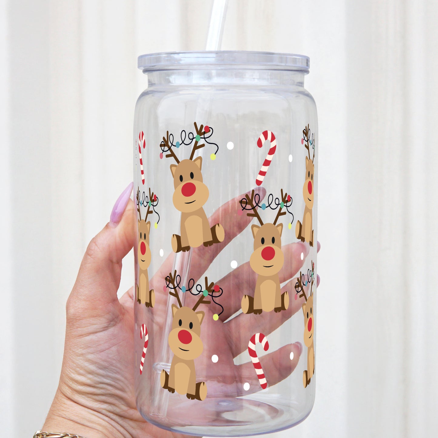 Christmas Deer + Candy Canes 16oz Acrylic Plastic Can Cup With Lid and Straw