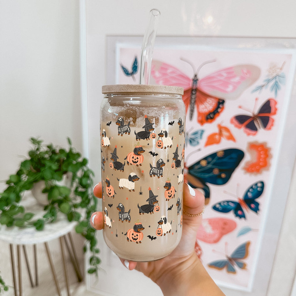Spooky Dachshunds Glass Cup, Mug & Tumbler with Lid and Straw