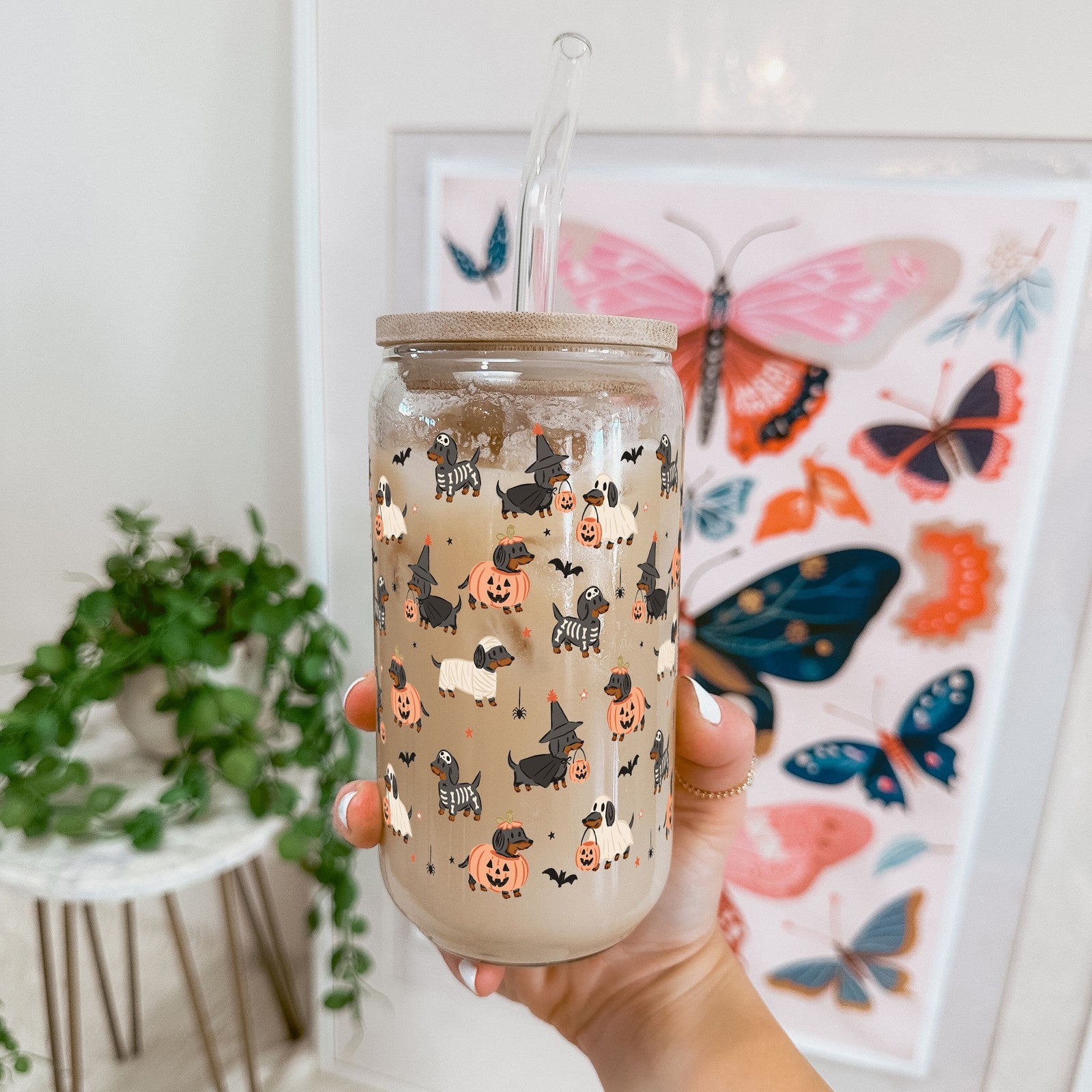 Spooky Dachshunds Glass Cup, Mug & Tumbler with Lid and Straw