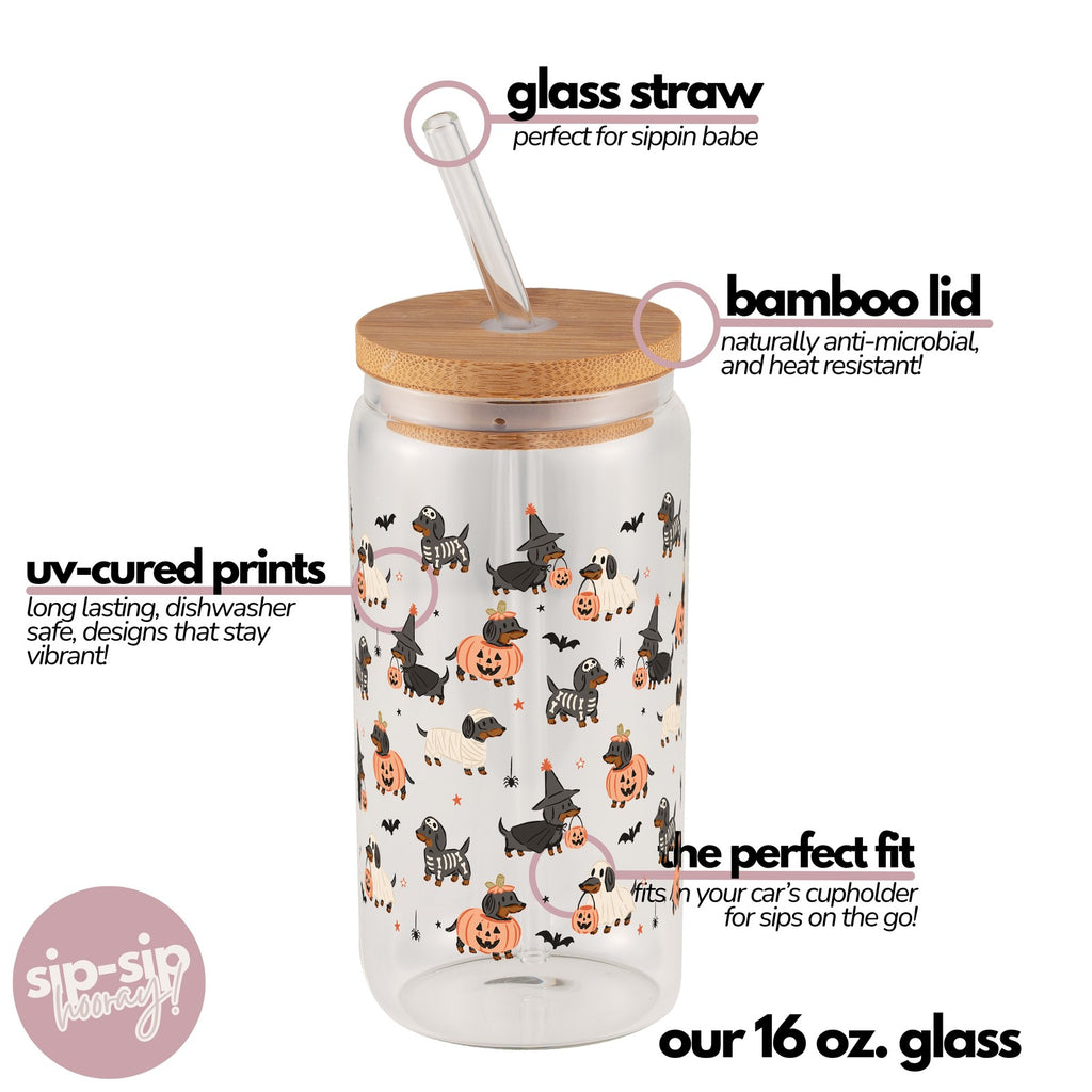 Spooky Dachshunds Glass Cup, Mug & Tumbler with Lid and Straw