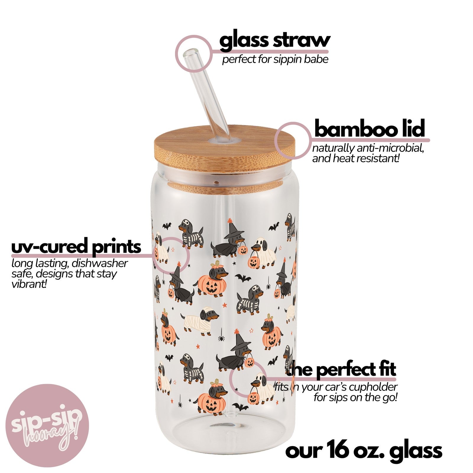 Spooky Dachshunds Glass Cup, Mug & Tumbler with Lid and Straw