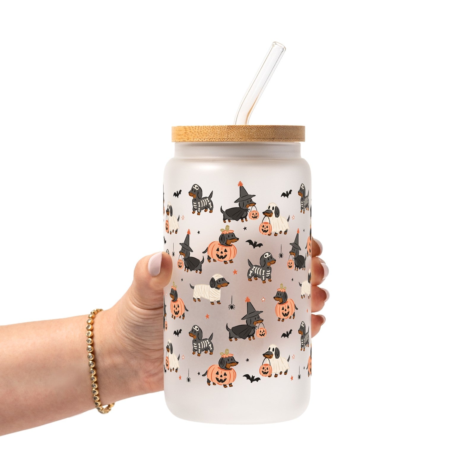 Spooky Dachshunds Glass Cup, Mug & Tumbler with Lid and Straw
