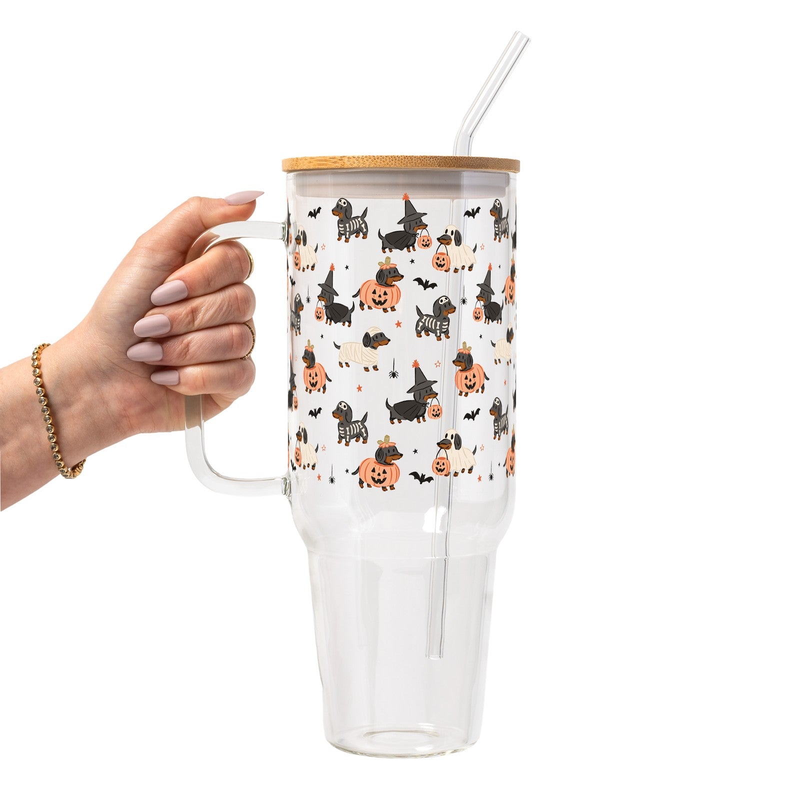 Spooky Dachshunds Glass Cup, Mug & Tumbler with Lid and Straw