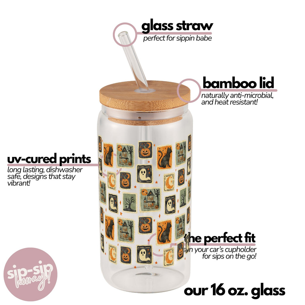 Vintage Halloween Stamps Glass Cup, Mug & Tumbler with Lid and Straw