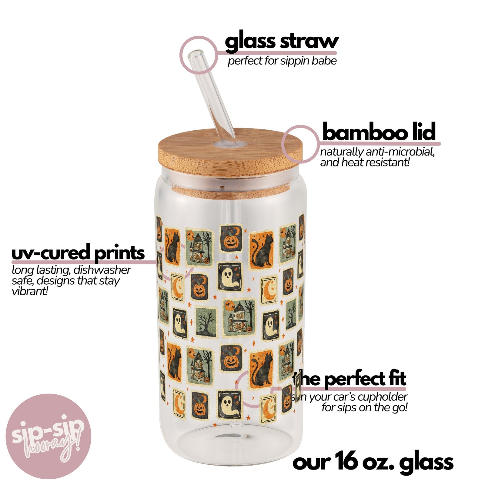 Vintage Halloween Stamps Glass Cup, Mug & Tumbler with Lid and Straw