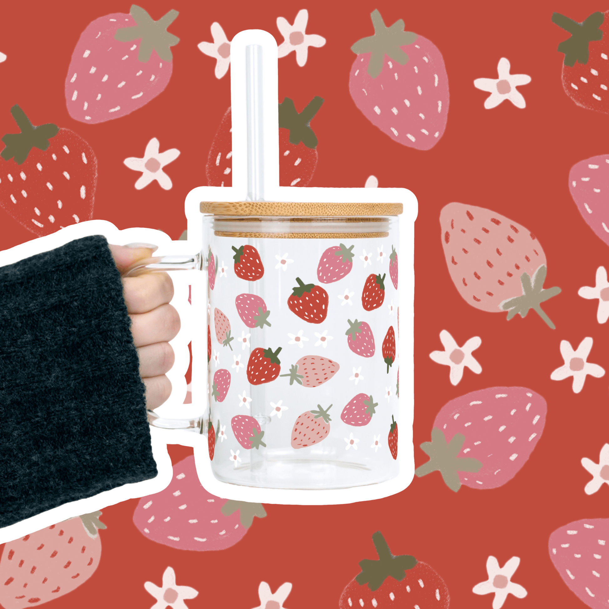 Spring Strawberries 17oz Glass Mug With Lid and Straw - Sip Sip Hooray