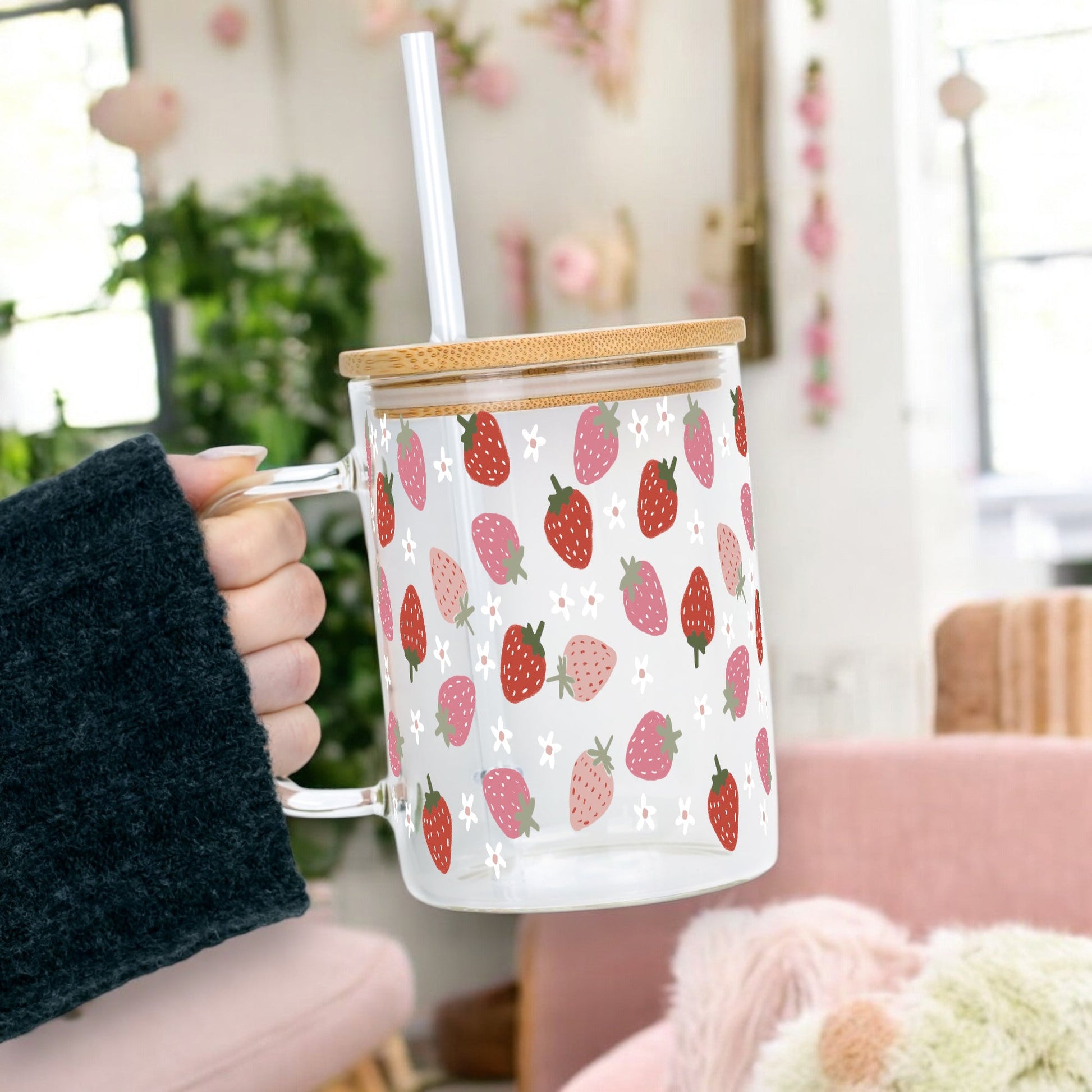Spring Strawberries 17oz Glass Mug With Lid and Straw - Sip Sip Hooray