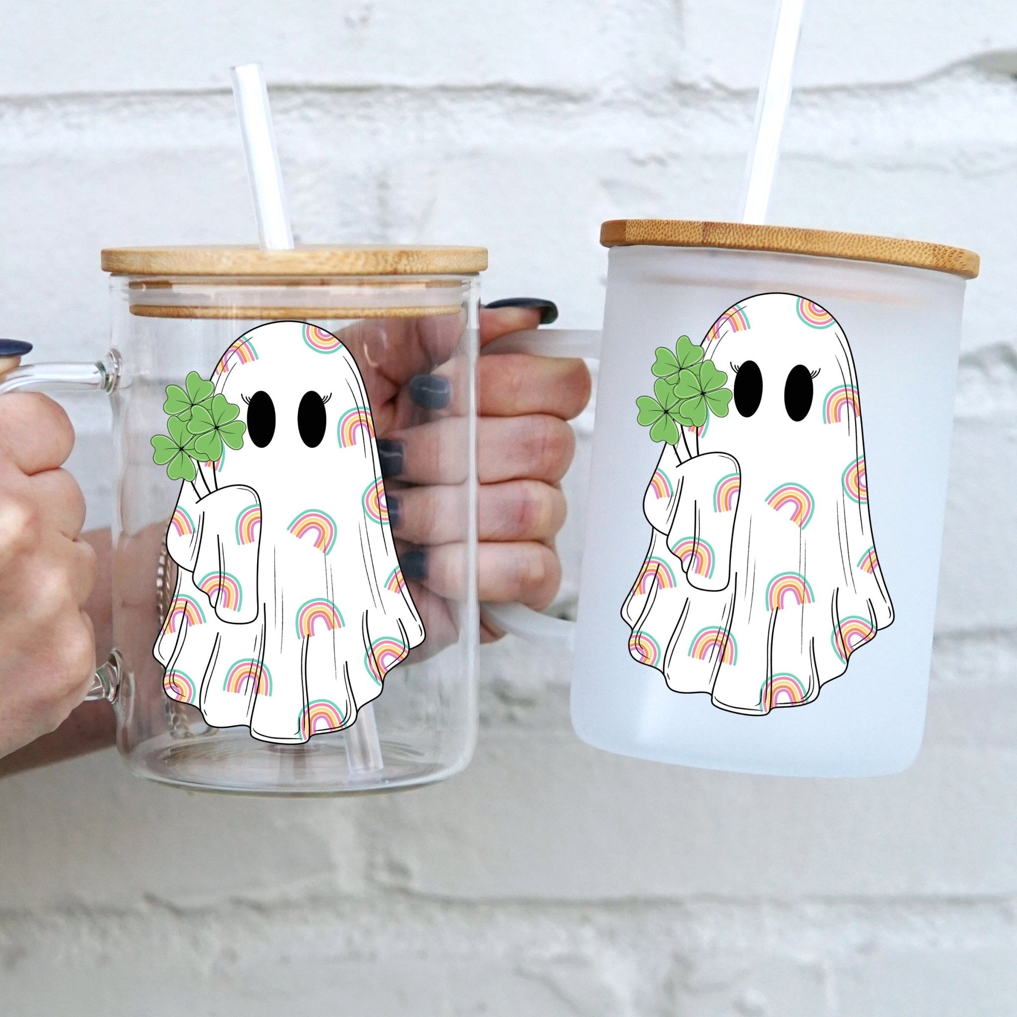St Patrick's Day Shamrock Ghost 17oz Glass Mug With Lid and Straw - Sip Sip Hooray
