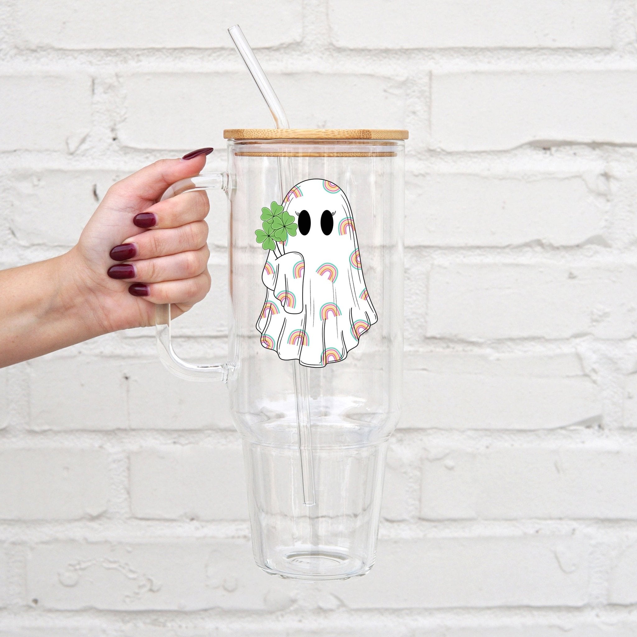St Patricks Day Shamrock Ghost 40oz Glass Tumbler with Lid and Straw - Sip Sip Hooray