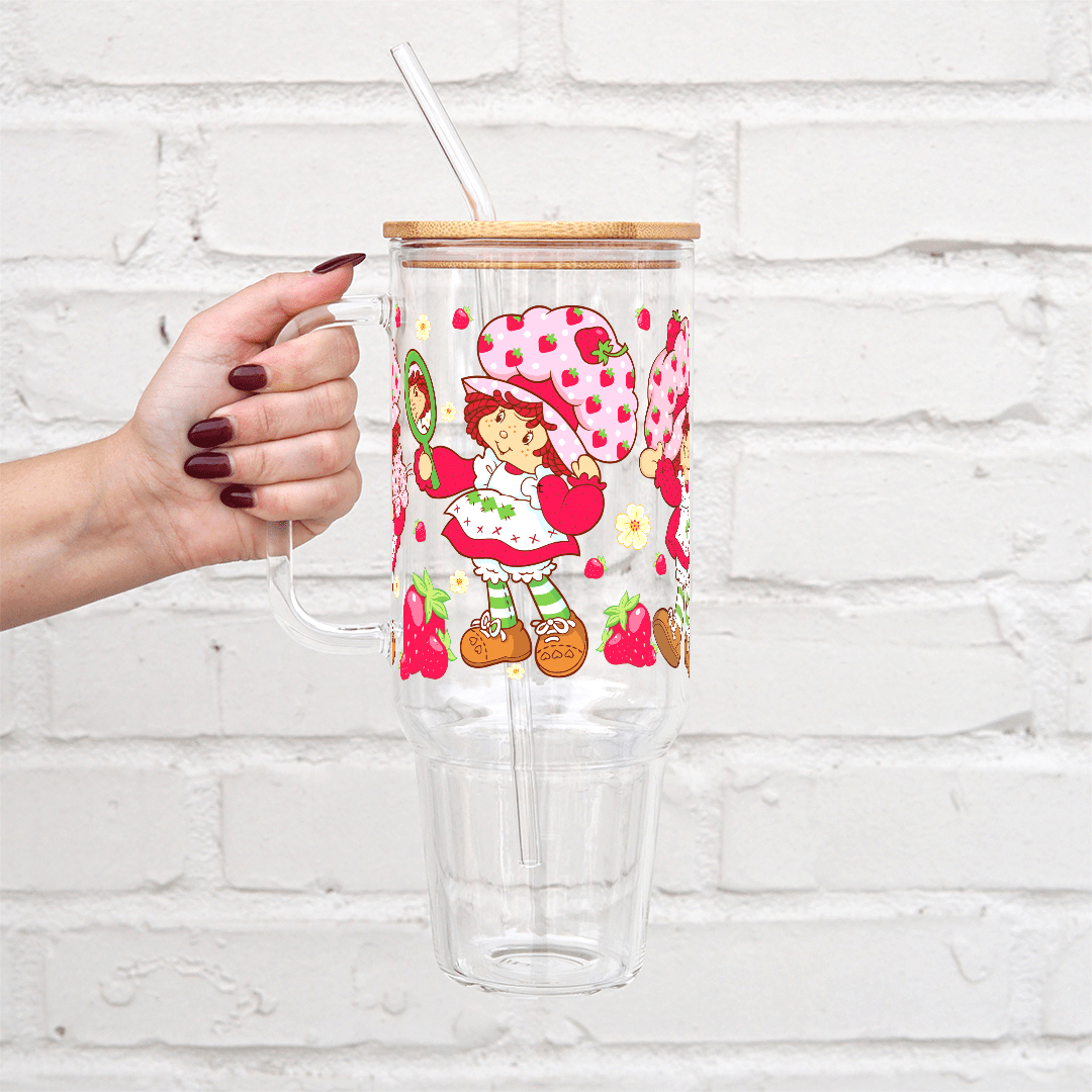 Strawberry Cartoon 40oz Glass or Plastic Tumbler With Lid and Straw - Sip Sip Hooray