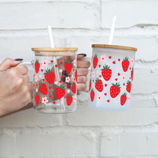 Strawberries, Flowers, and Hearts, 17oz Glass Mug with Lid and Straw