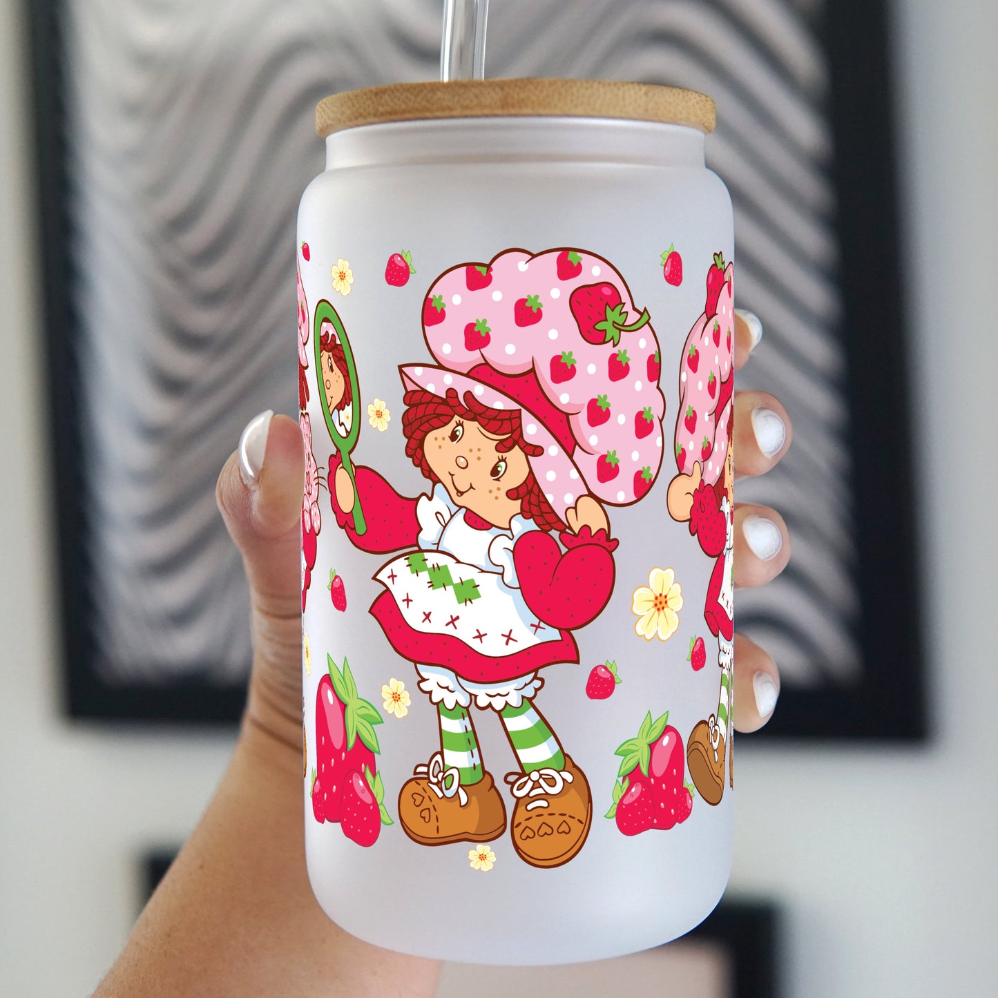 Retro Strawberry Cartoon Glass Can Cup with Lid and Straw