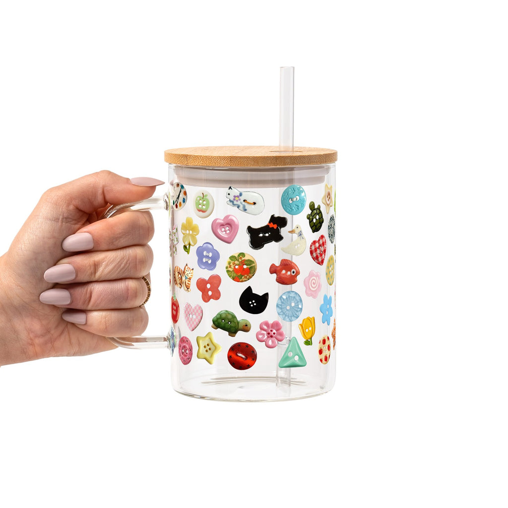 Cutie Buttons Glass Cup, Mug & Tumbler with Lid and Straw