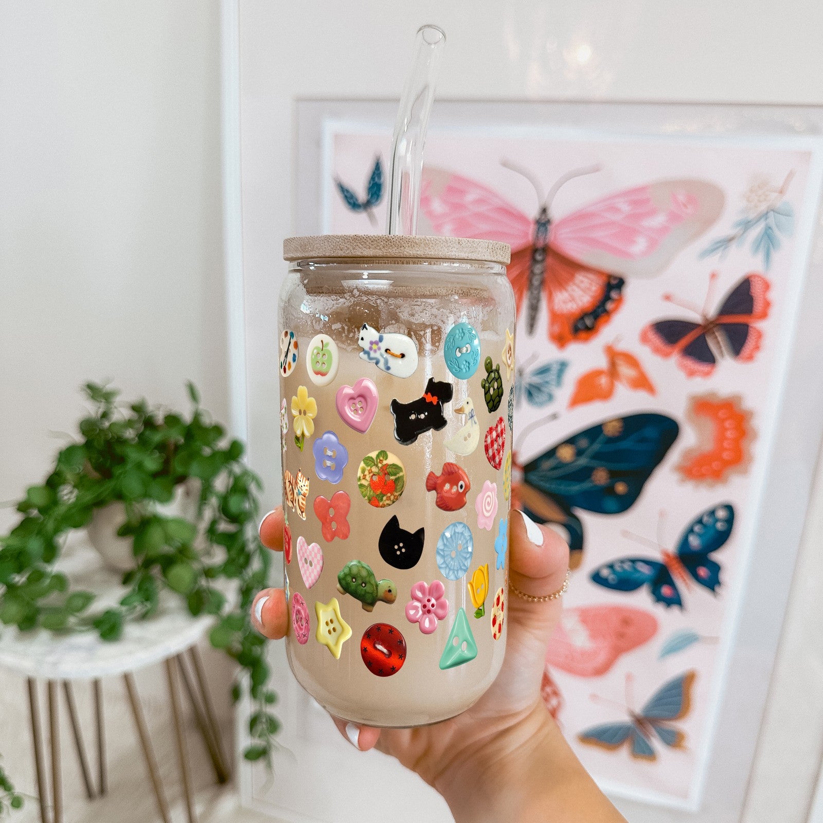 Cutie Buttons Glass Cup, Mug & Tumbler with Lid and Straw