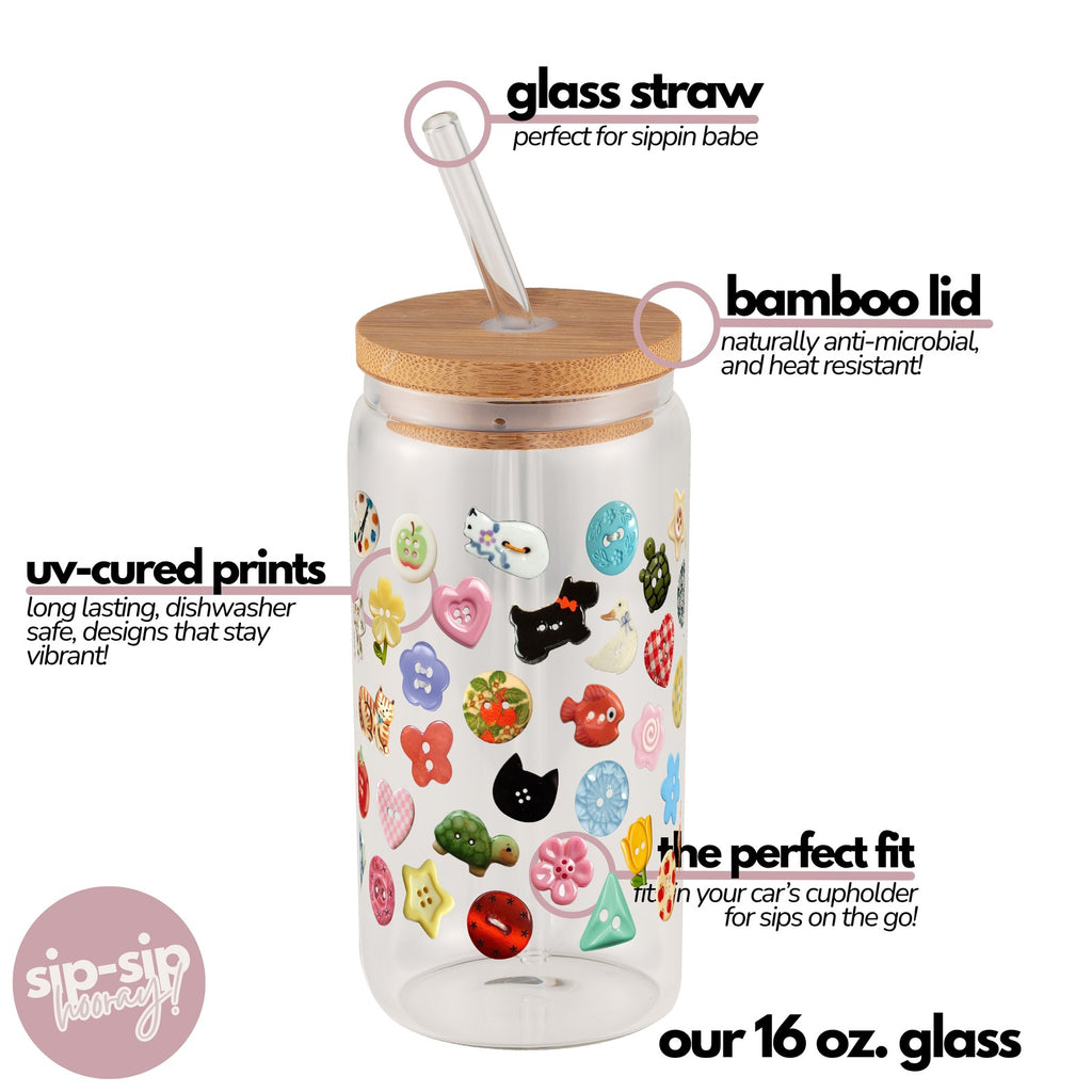 Cutie Buttons Glass Cup, Mug & Tumbler with Lid and Straw