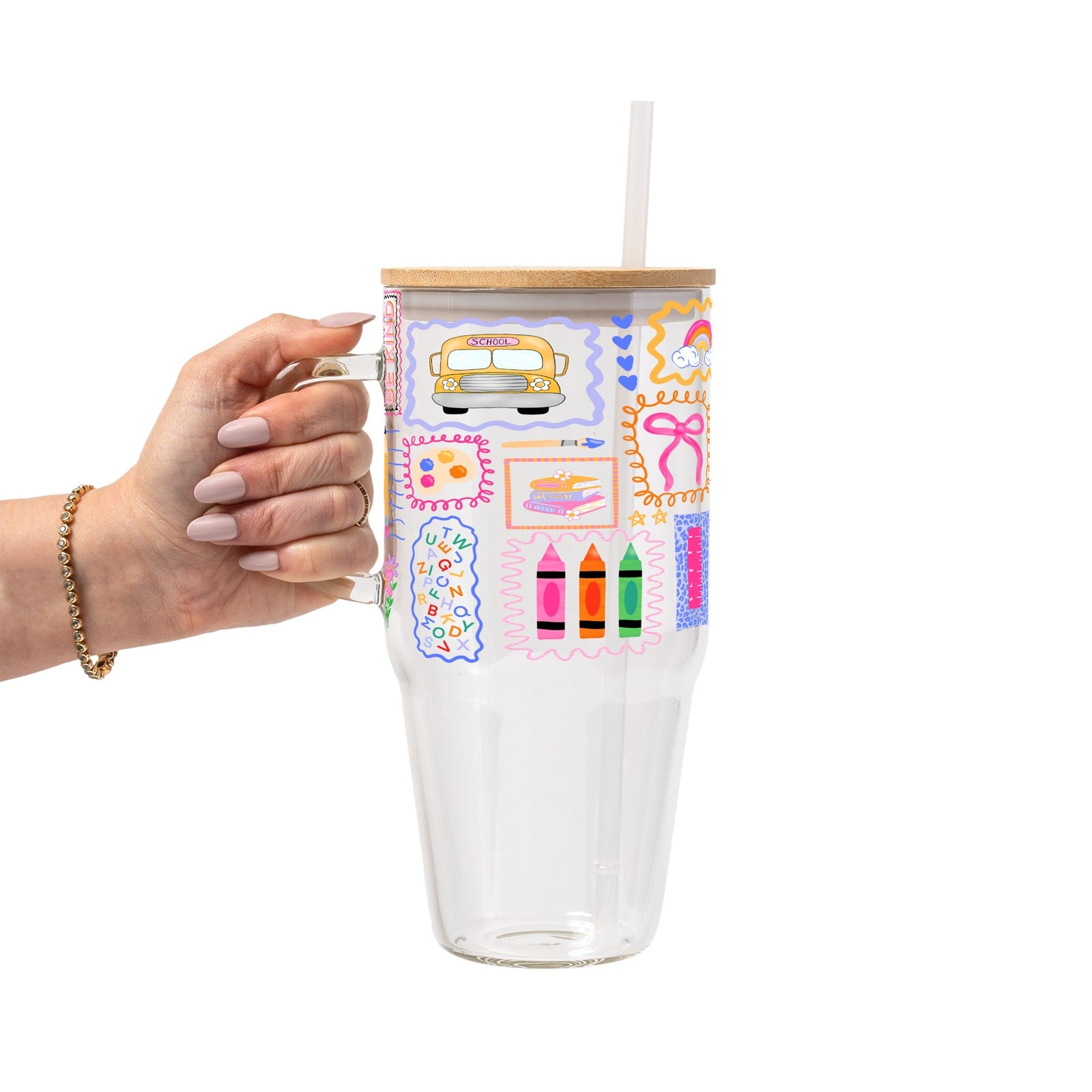 Preppy Whimsy Teacher Glass Cup, Mug & Tumbler with Lid and Straw