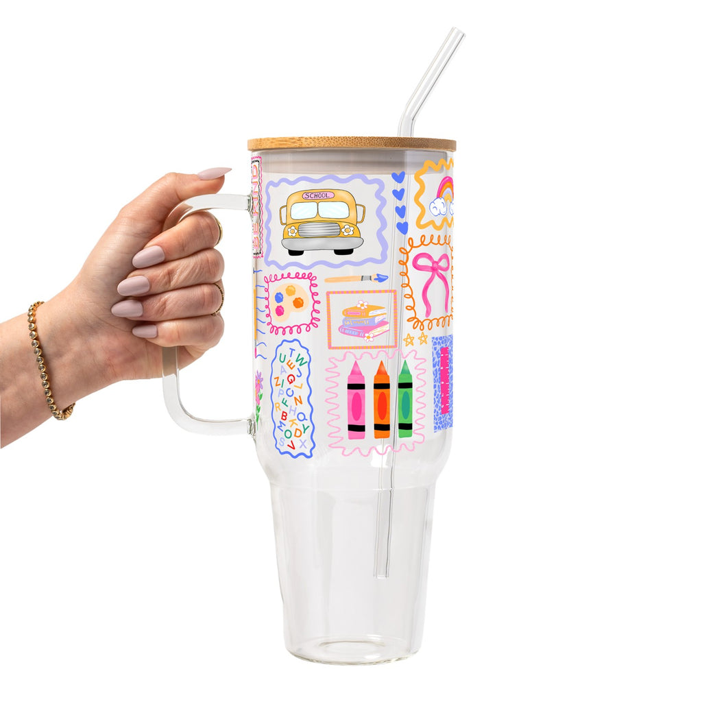 Preppy Whimsy Teacher Glass Cup, Mug & Tumbler with Lid and Straw