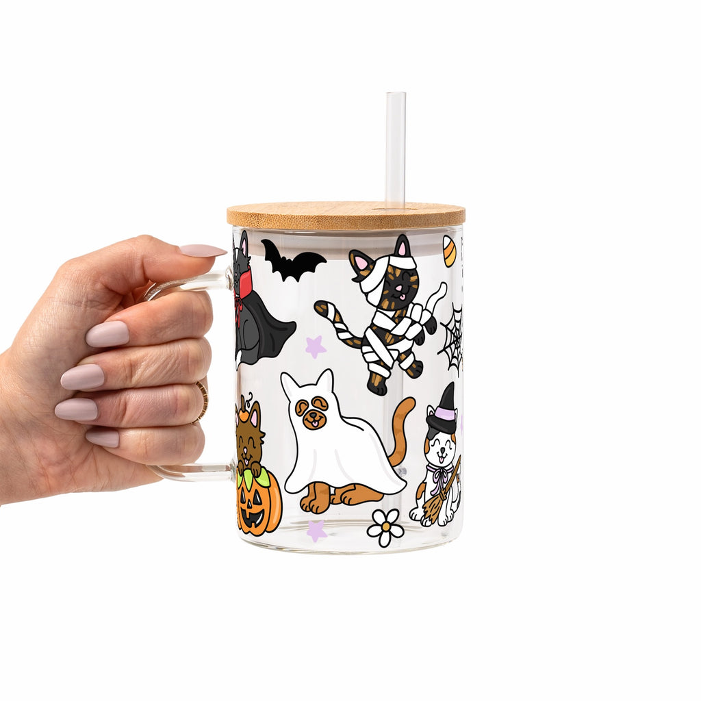 Spooky Cats Glass Cup, Mug & Tumbler with Lid and Straw