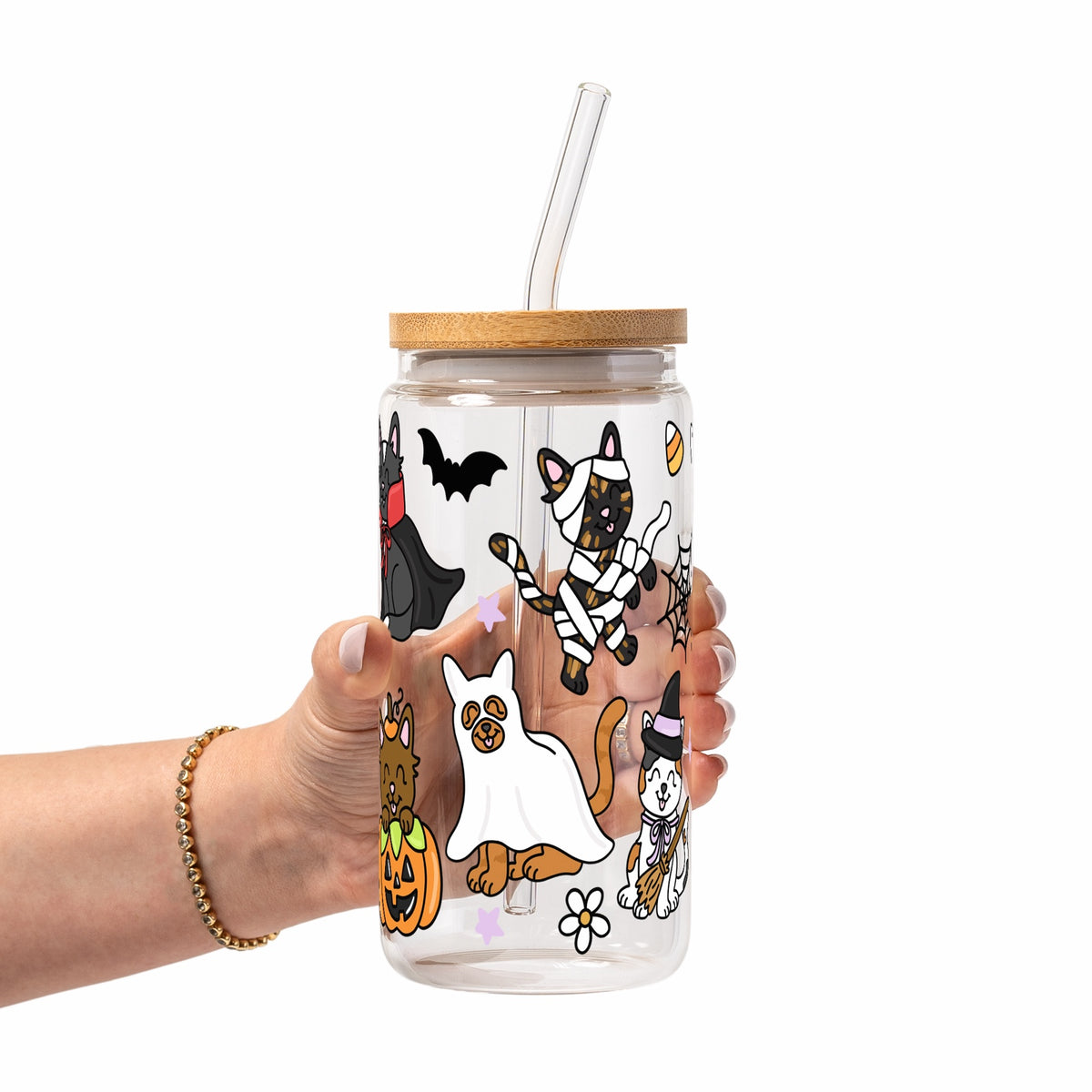 Spooky Cats Glass Cup, Mug & Tumbler with Lid and Straw