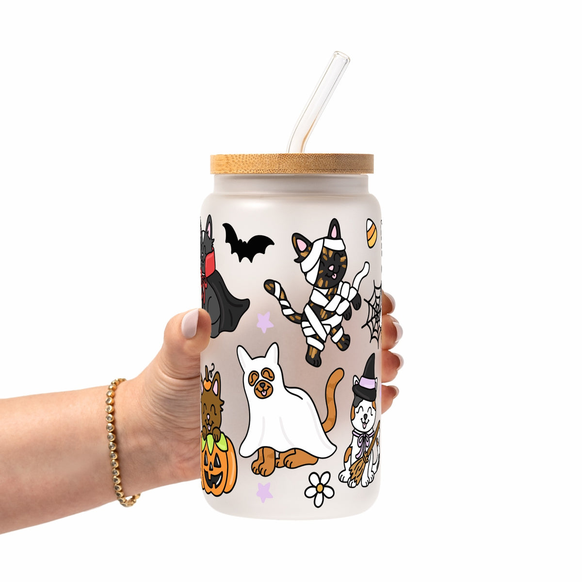 Spooky Cats Glass Cup, Mug & Tumbler with Lid and Straw