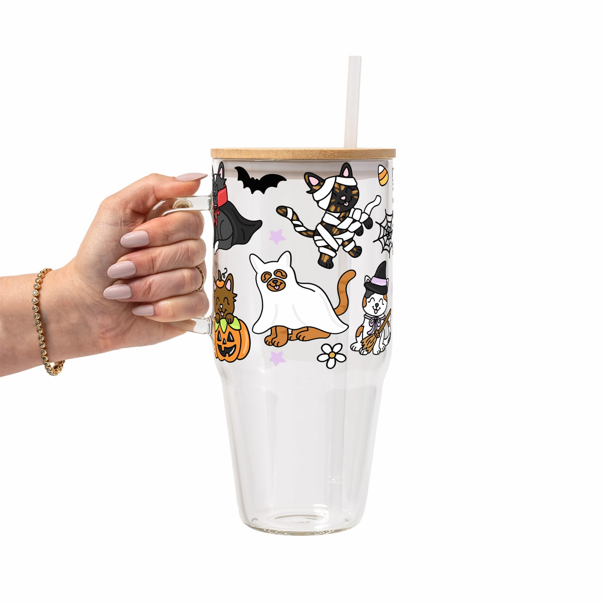Spooky Cats Glass Cup, Mug & Tumbler with Lid and Straw