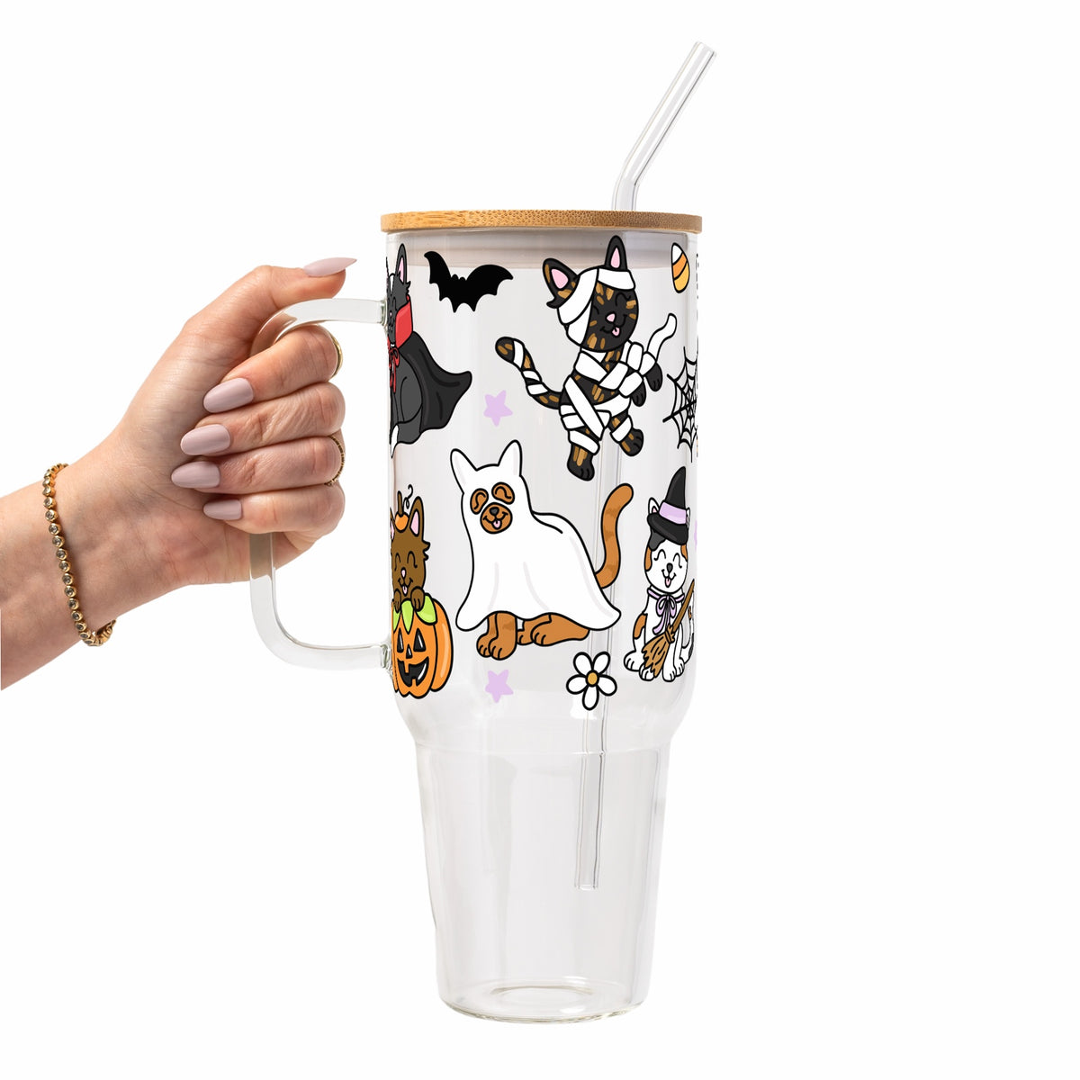 Spooky Cats Glass Cup, Mug & Tumbler with Lid and Straw