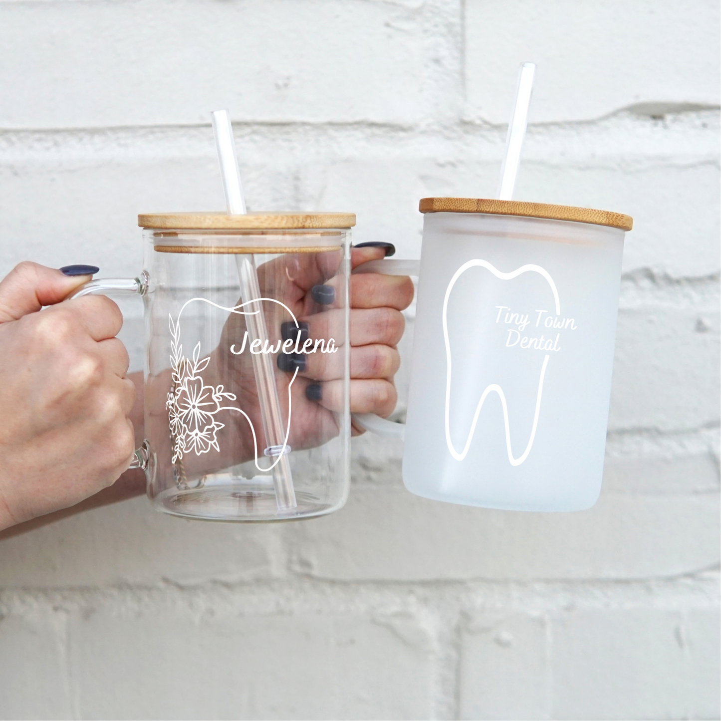 Personalized Dental 17oz Glass Mug With Lid and Straw