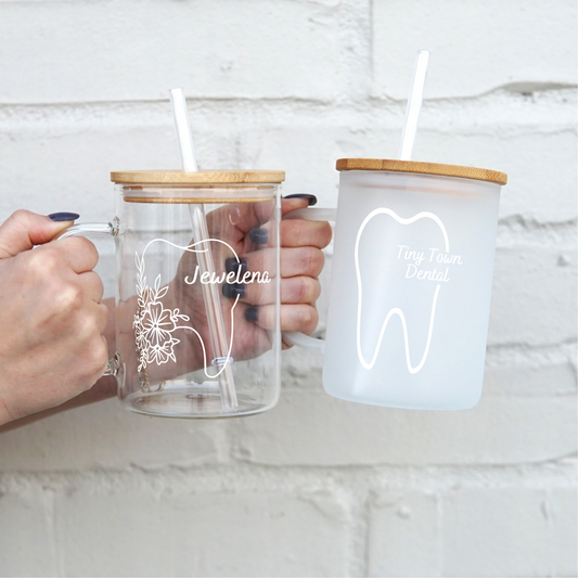 Personalized Dental 17oz Glass Mug With Lid and Straw