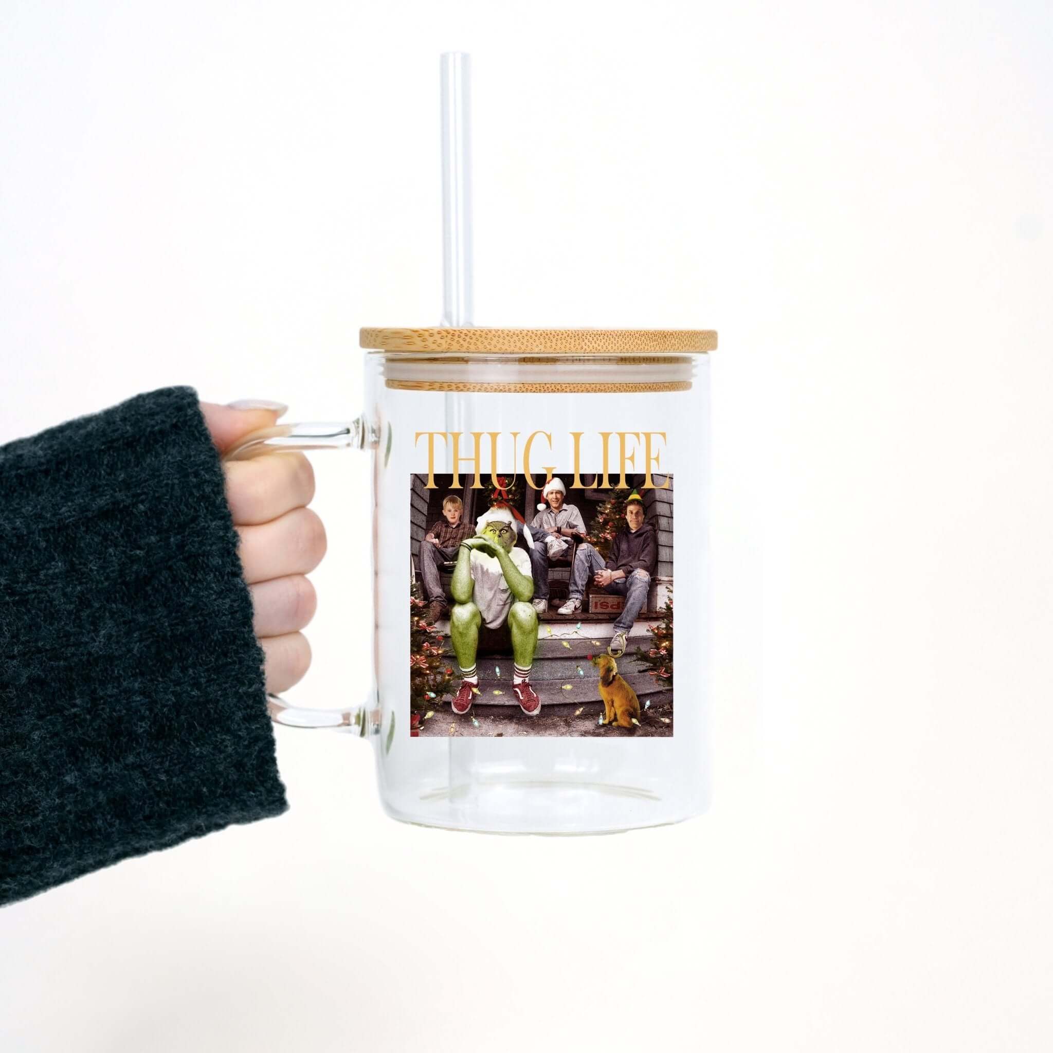 Thug Life Christmas 17oz Glass Mug With Lid and Straw