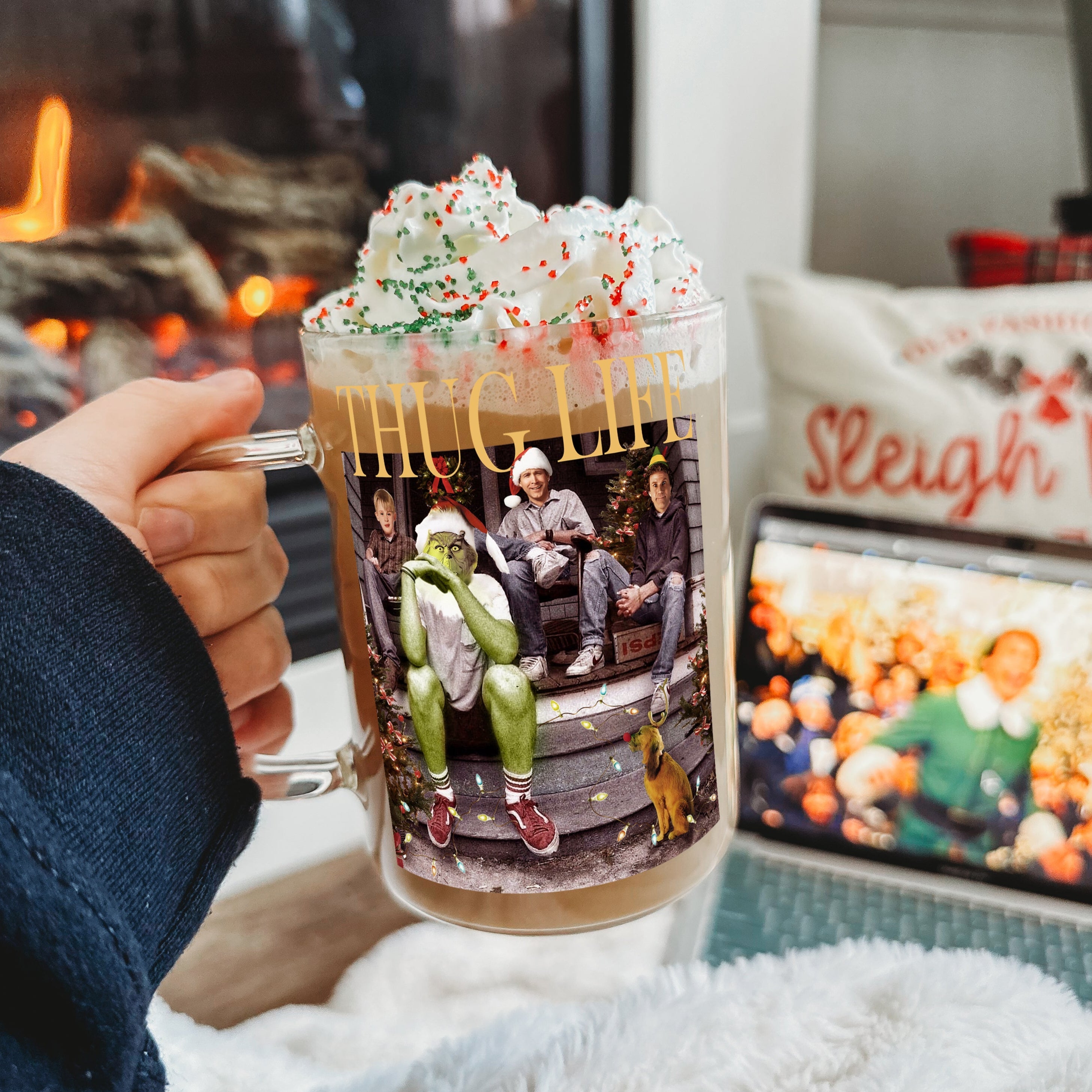 Thug Life Christmas 17oz Glass Mug With Lid and Straw - Sip Sip Hooray