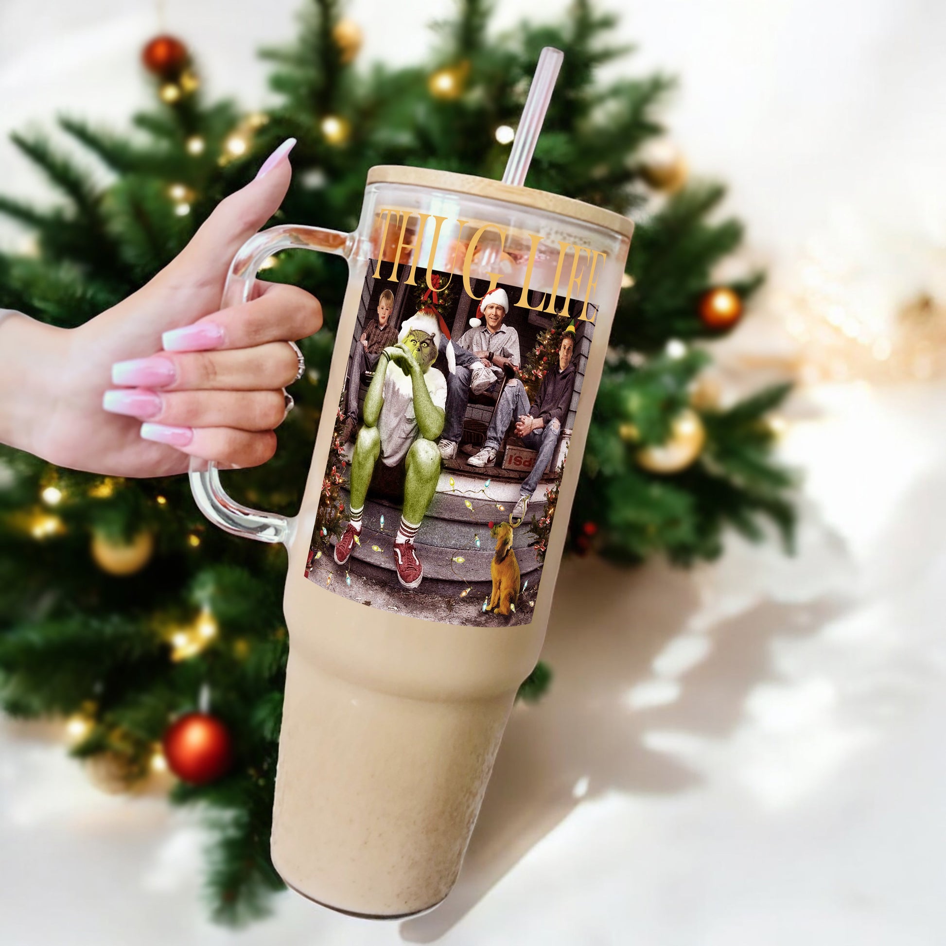 Thug Life Christmas 40oz Glass or Plastic Tumbler With Lid and Straw - Sip Sip Hooray