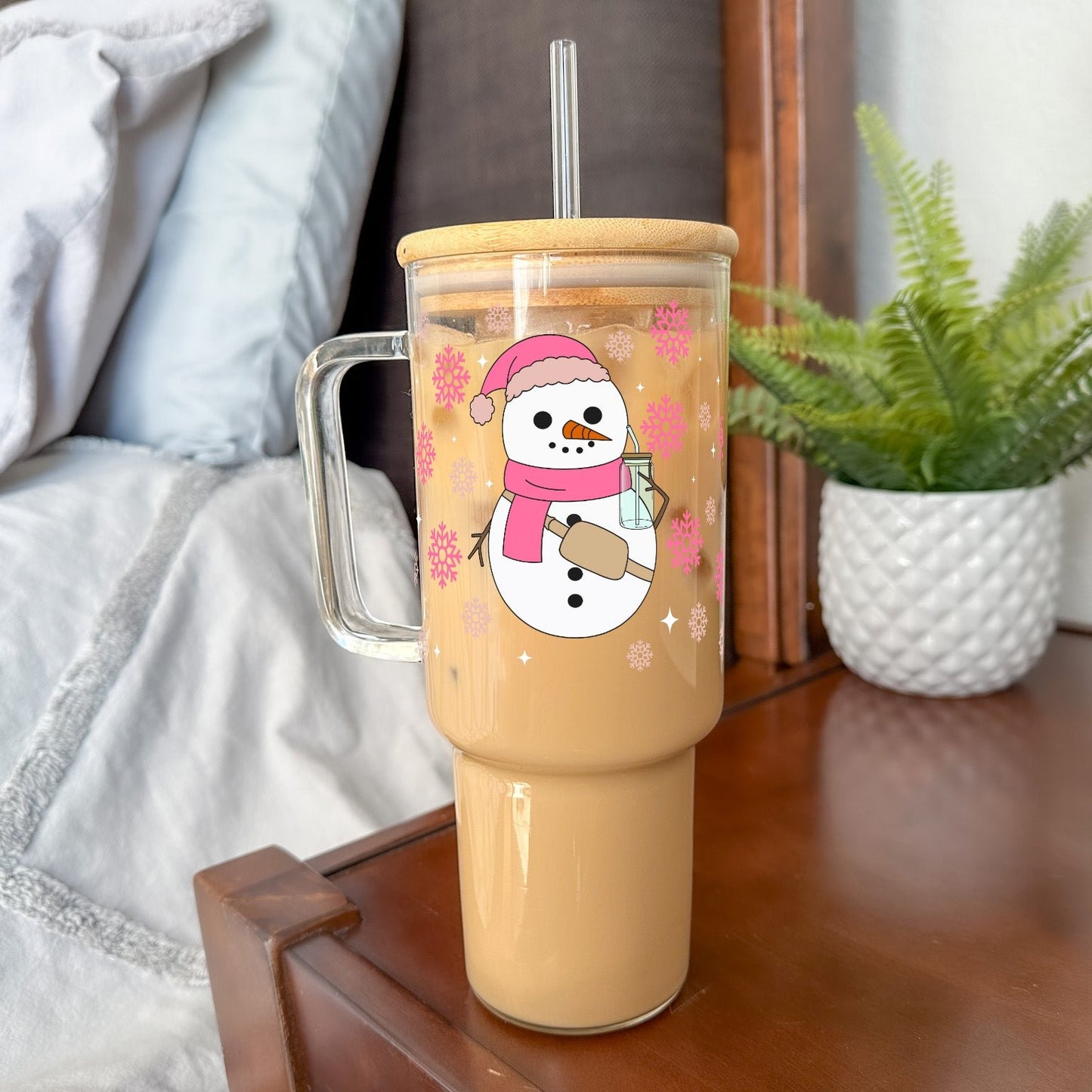 Boujee Snowman WIth Pink Snowflakes 40oz Glass Tumbler With Lid and Straw