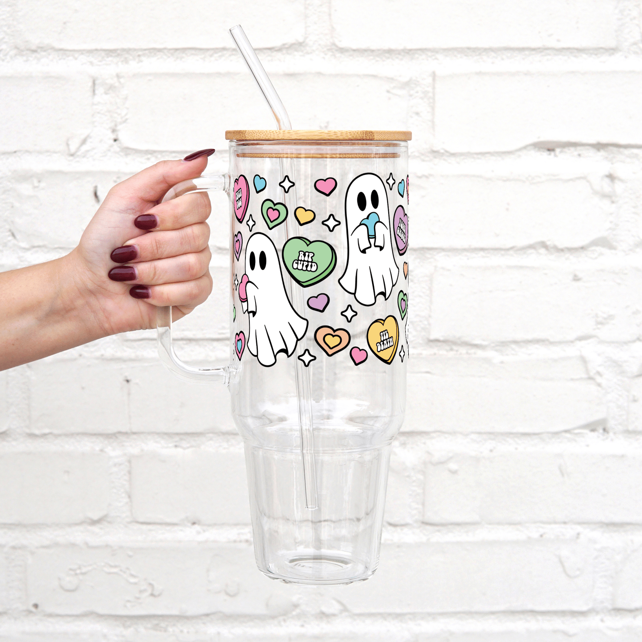 Valentine's Day Candy Hearts Ghostie 40oz Glass or Plastic Tumbler With Lid and Straw - Sip Sip Hooray