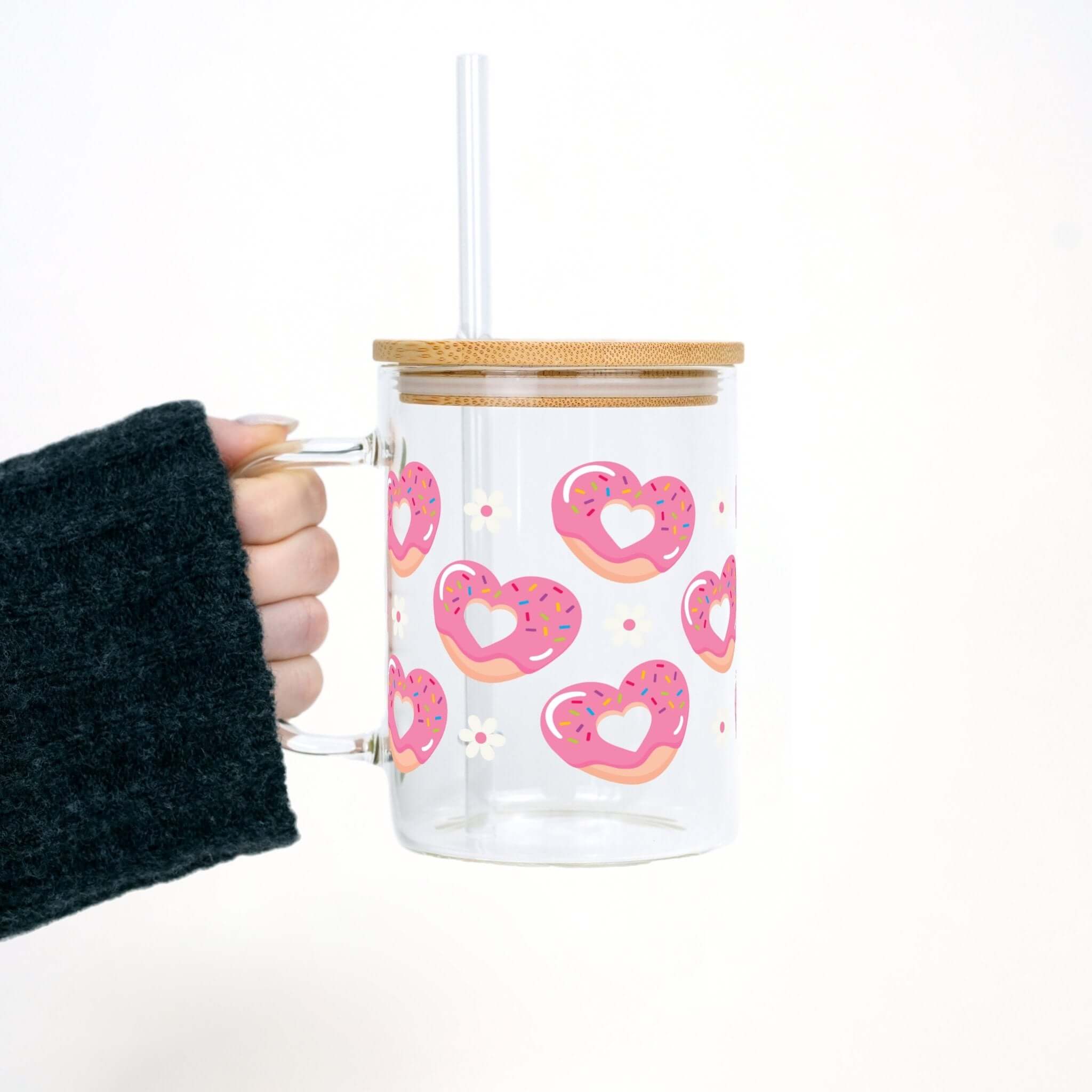 Valentine's Day Donut Heart 17oz Glass Mug With Lid and Straw