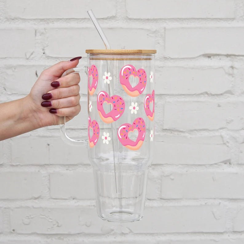 Valentines Day Donut Heart 40oz Glass or Plastic Tumbler With Lid And Straw - Sip Sip Hooray