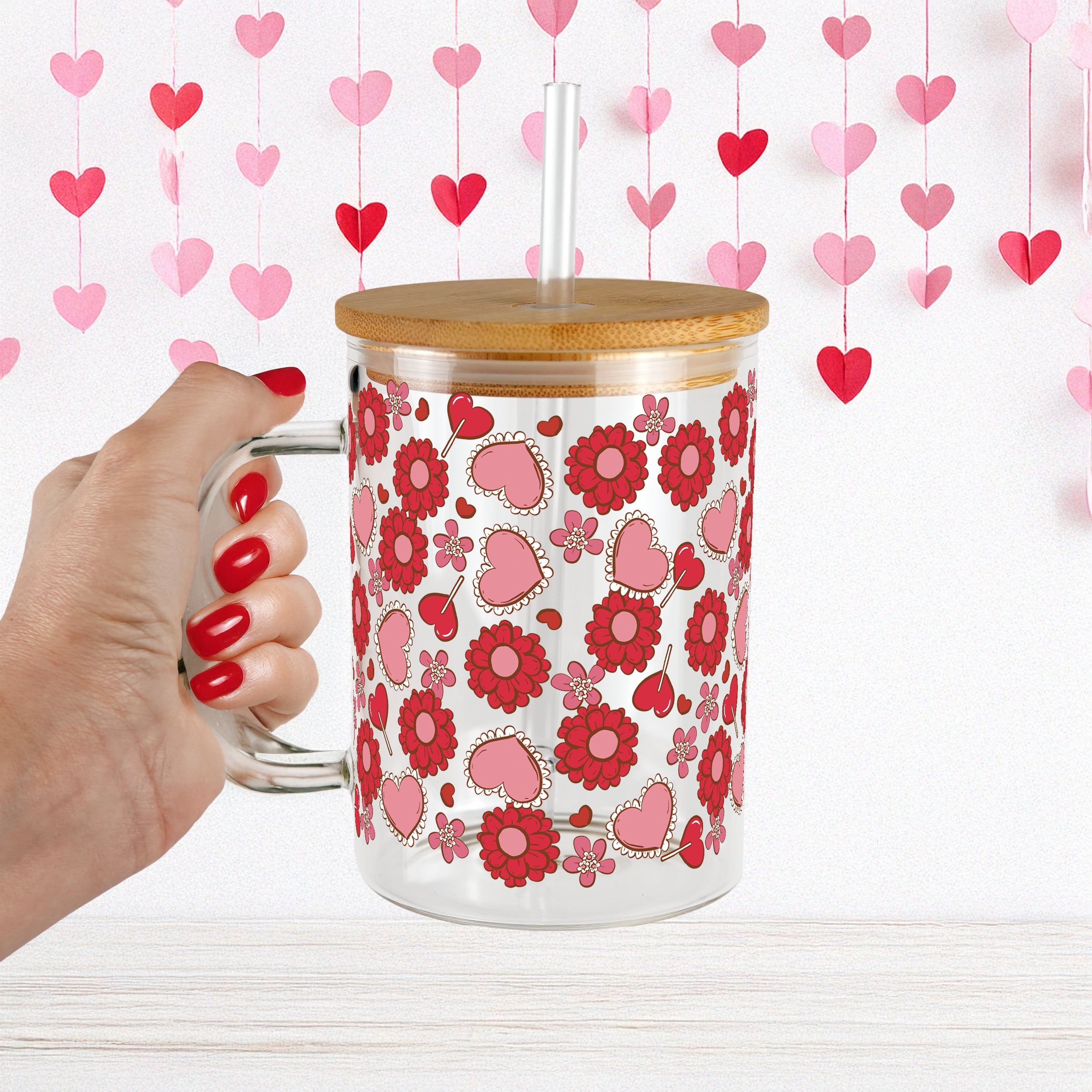 Valentine's Day Flowers and Candy 17oz Glass Mug With Lid and Straw - Sip Sip Hooray