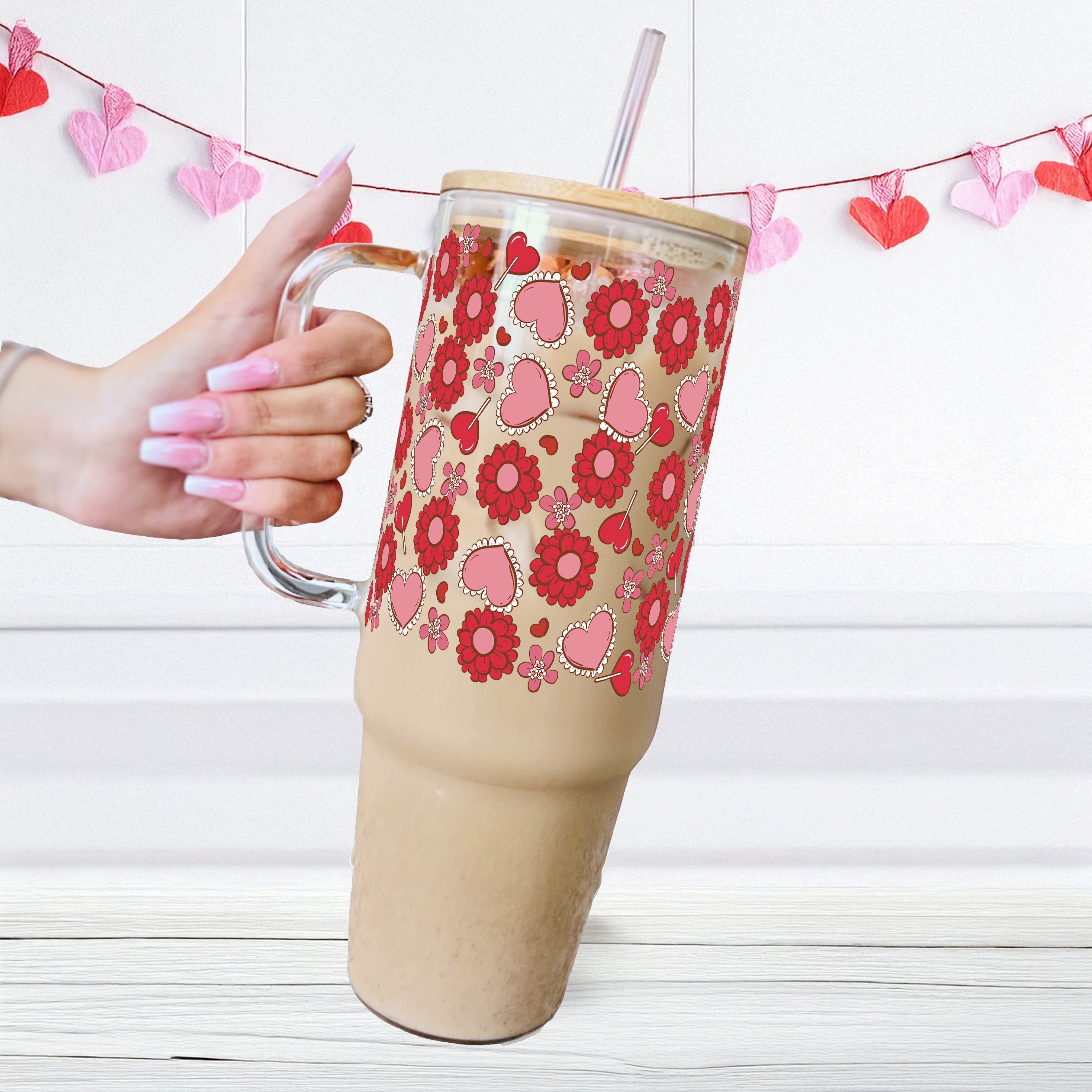 Valentine's Day Flowers and Candy 40oz Glass Or Plastic Tumbler With Lid and Straw - Sip Sip Hooray