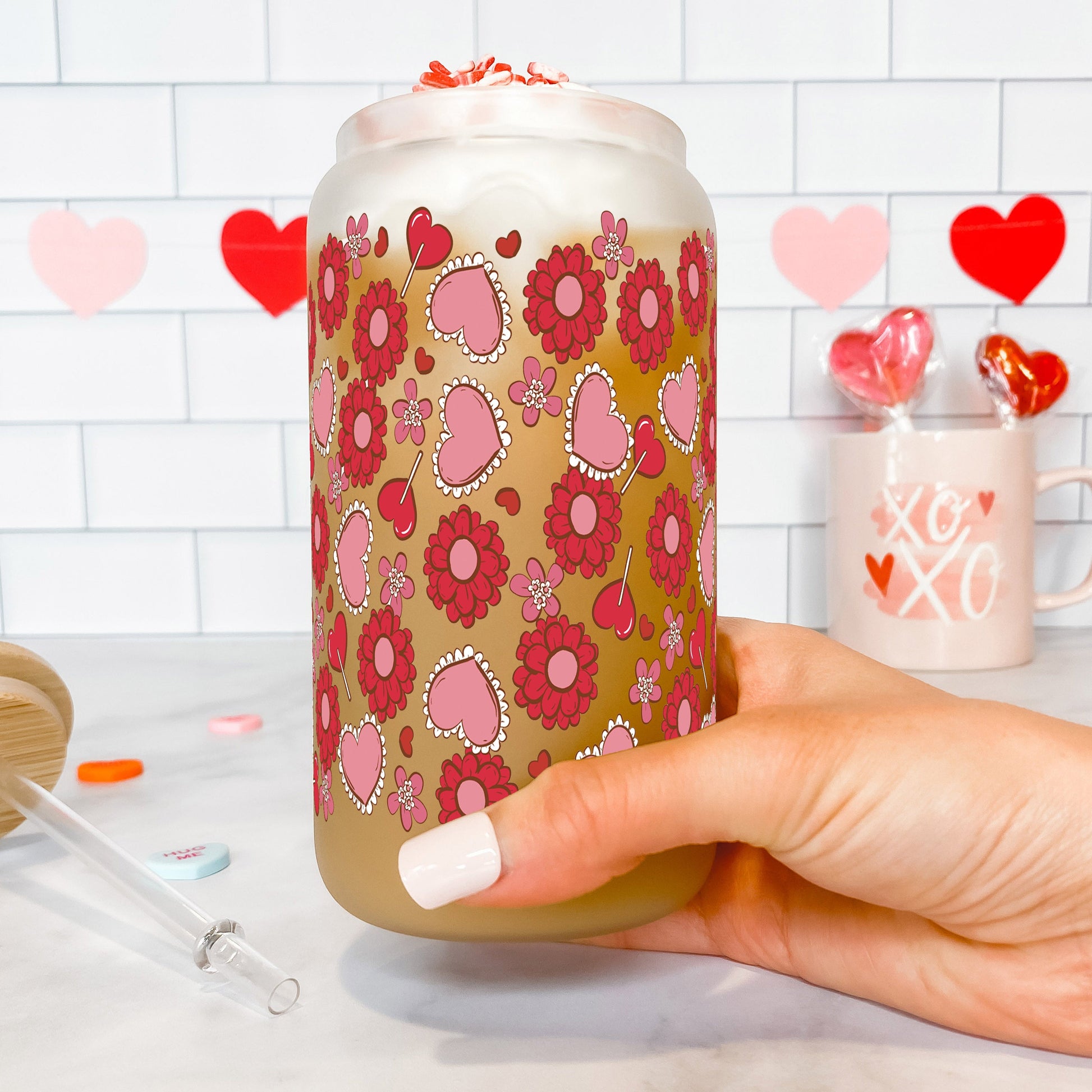 Valentine's Day Flowers and Candy Can Cup With Lid and Straw - Sip Sip Hooray