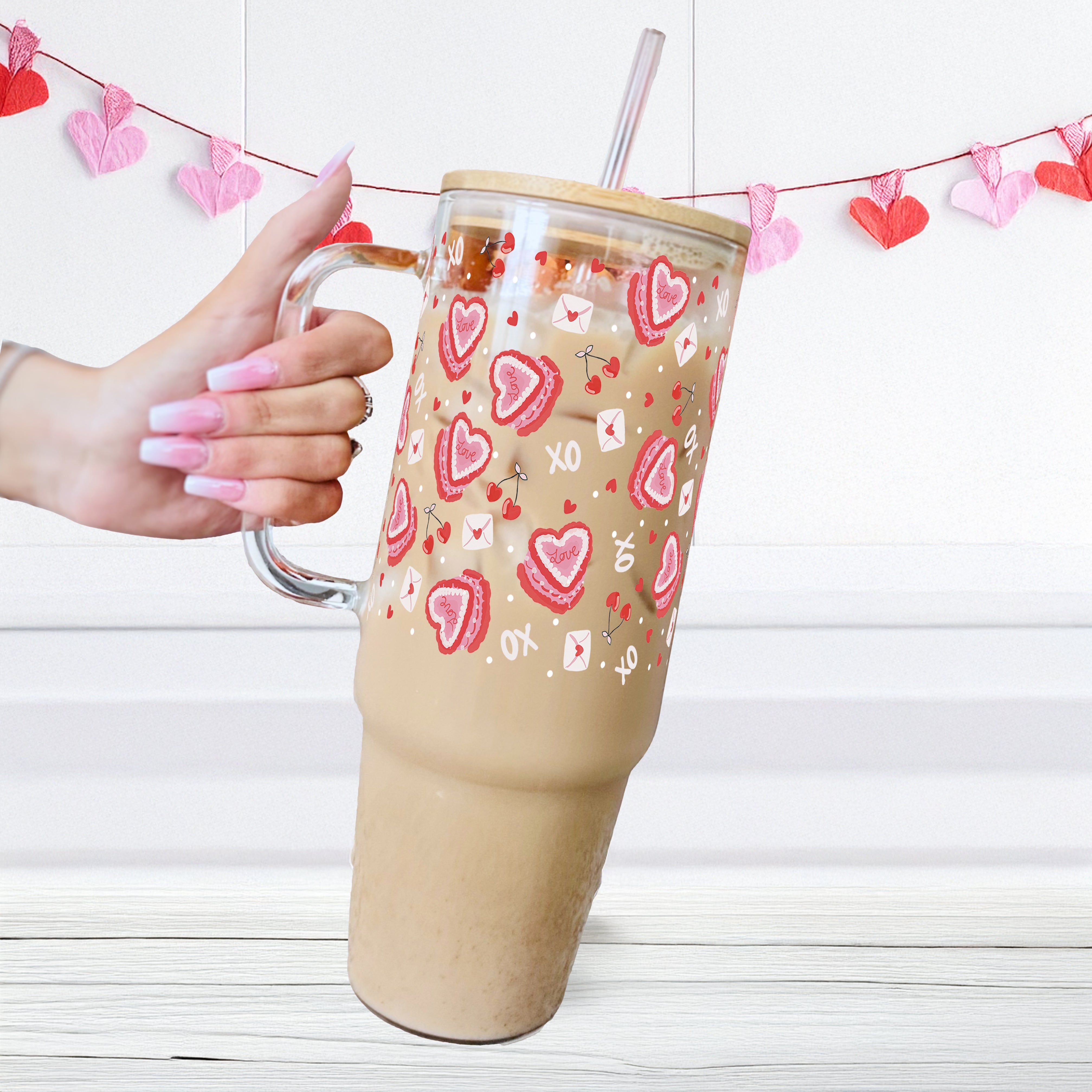 Valentine's Day Heart Cakes 40oz Glass or Plastic Tumbler With Lid and Straw - Sip Sip Hooray