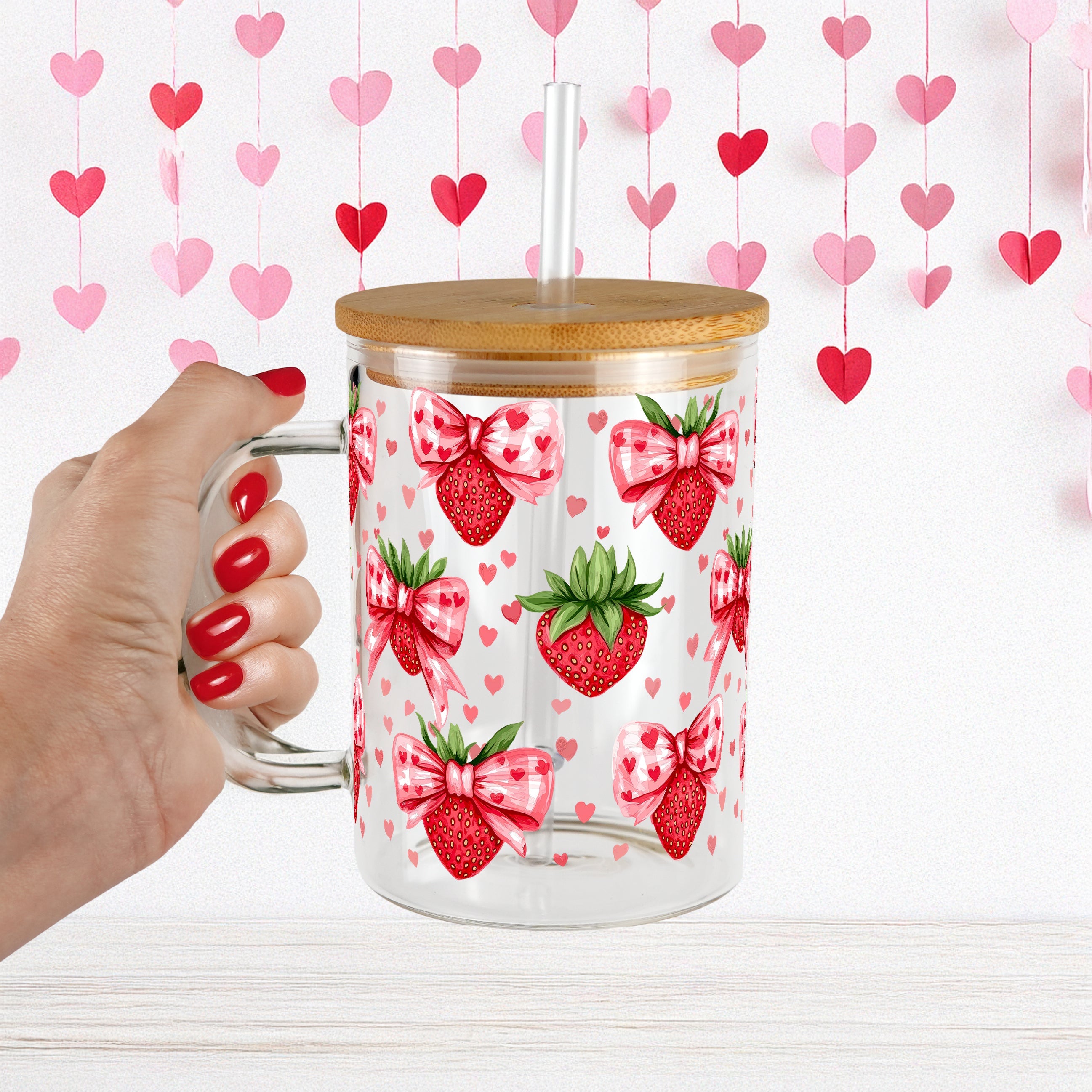 Valentine's Day Strawberry Bows 17oz Glass Mug With Lid and Straw - Sip Sip Hooray