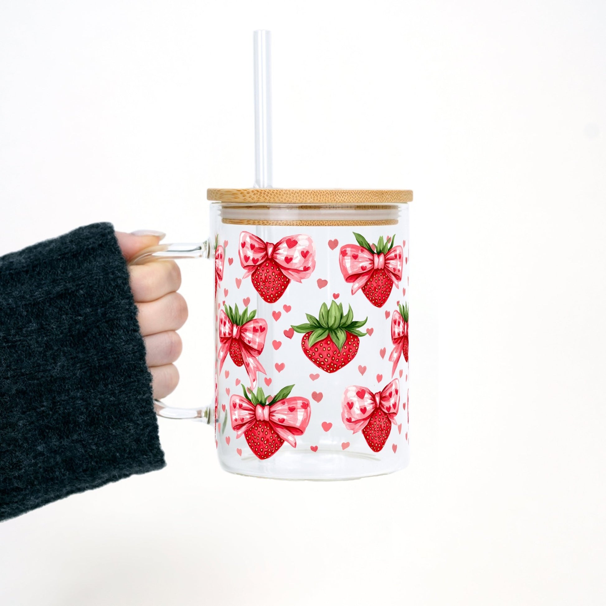 Valentine's Day Strawberry Bows 17oz Glass Mug With Lid and Straw - Sip Sip Hooray