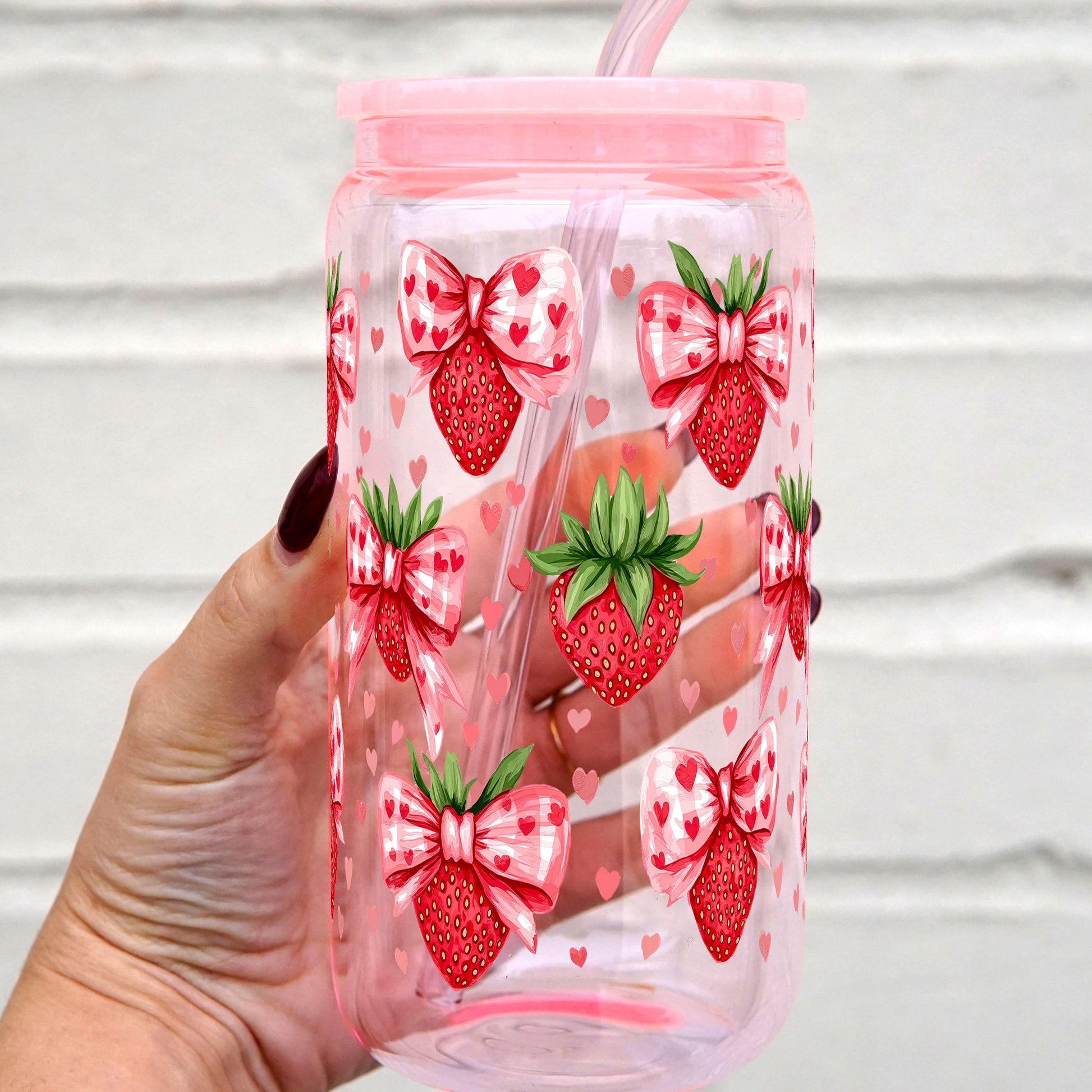 Valentine's Day Strawberry Bows Can Cup With Lid and Straw - Sip Sip Hooray