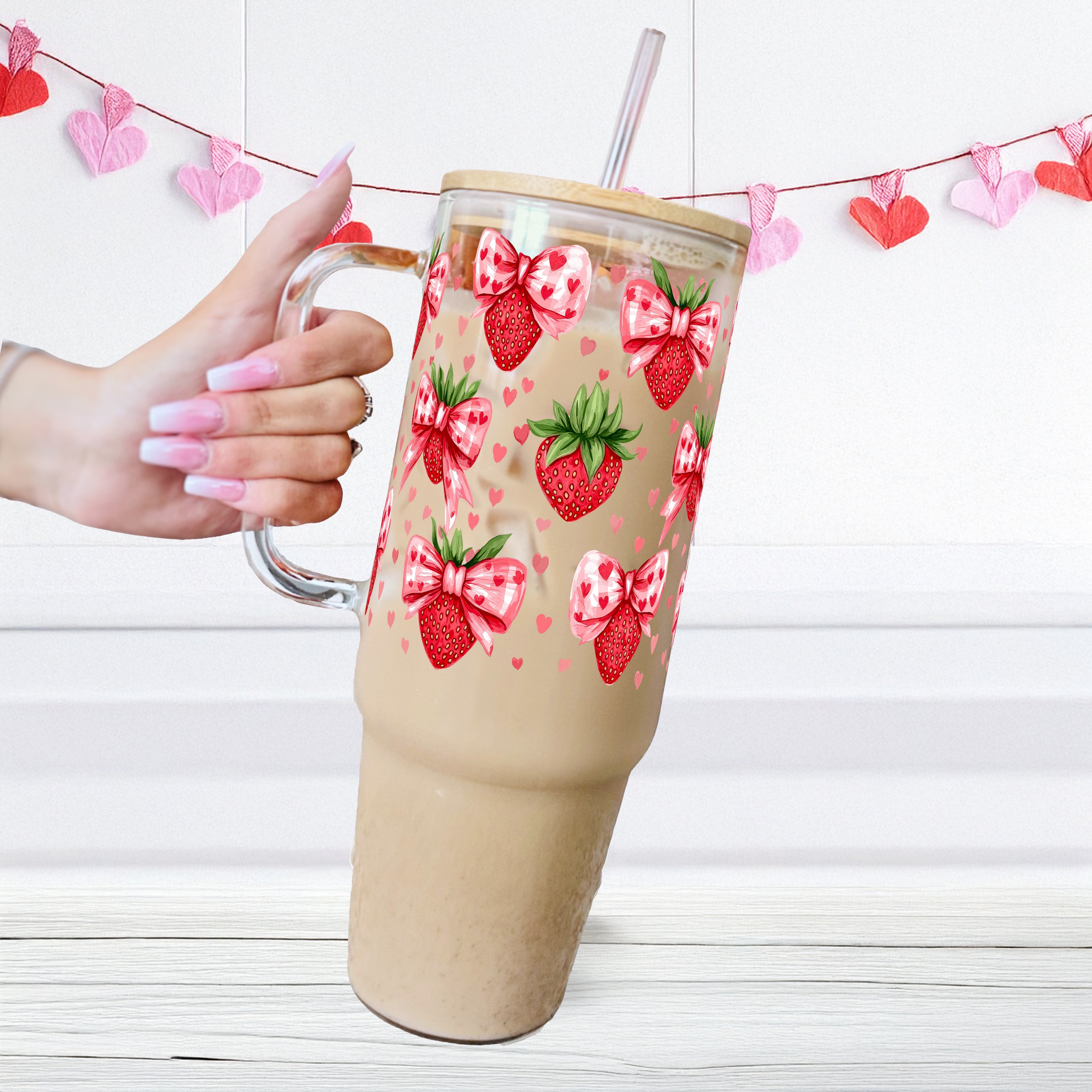 Valentine's Day Strawberry Bows Glass or Plastic Tumbler With Lid and Straw - Sip Sip Hooray
